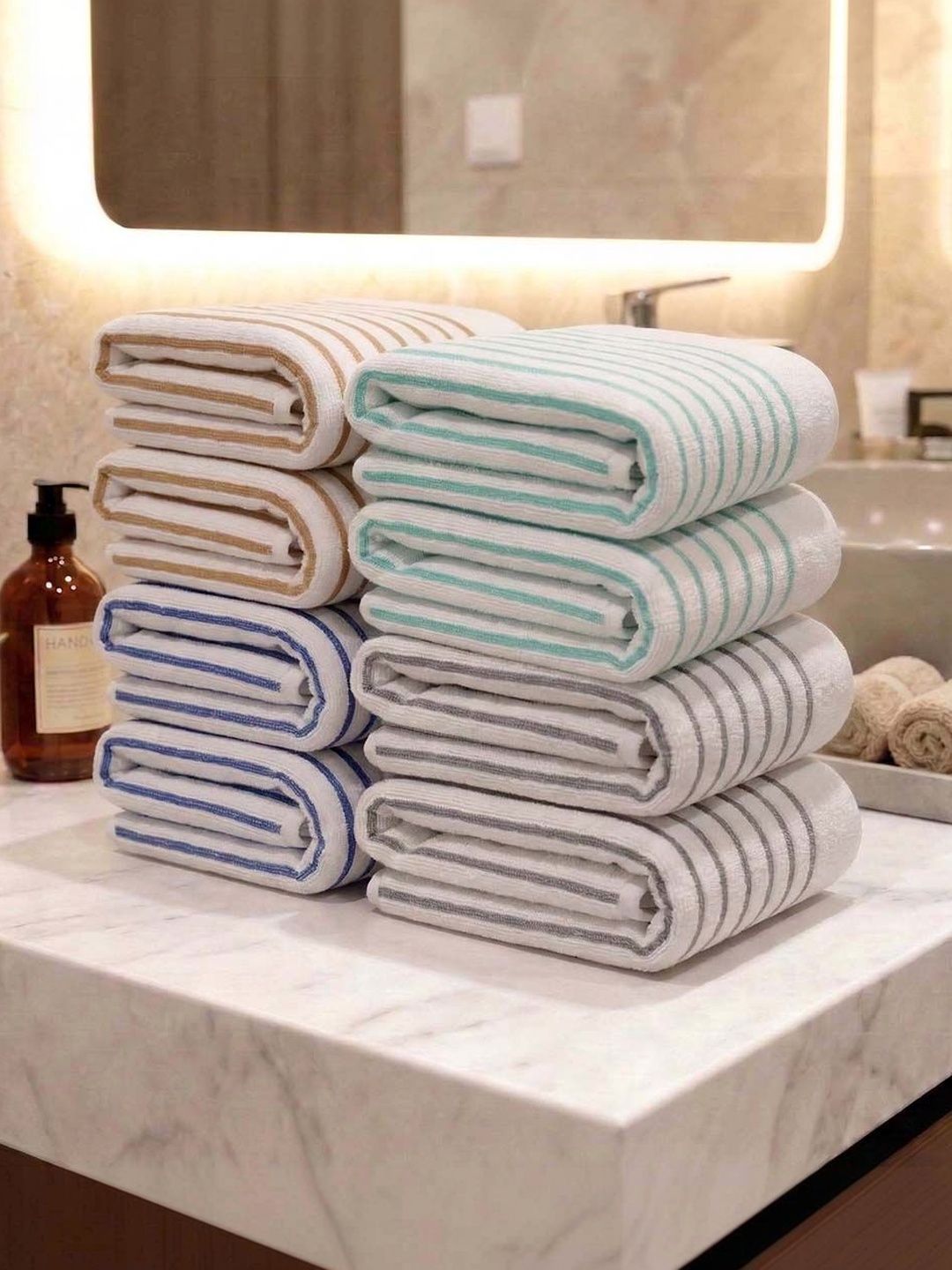 Athom Living 8Pcs Blue & White Striped Cotton 400-GSM Eco-Friendly Premium Hand Towels-picture-26
