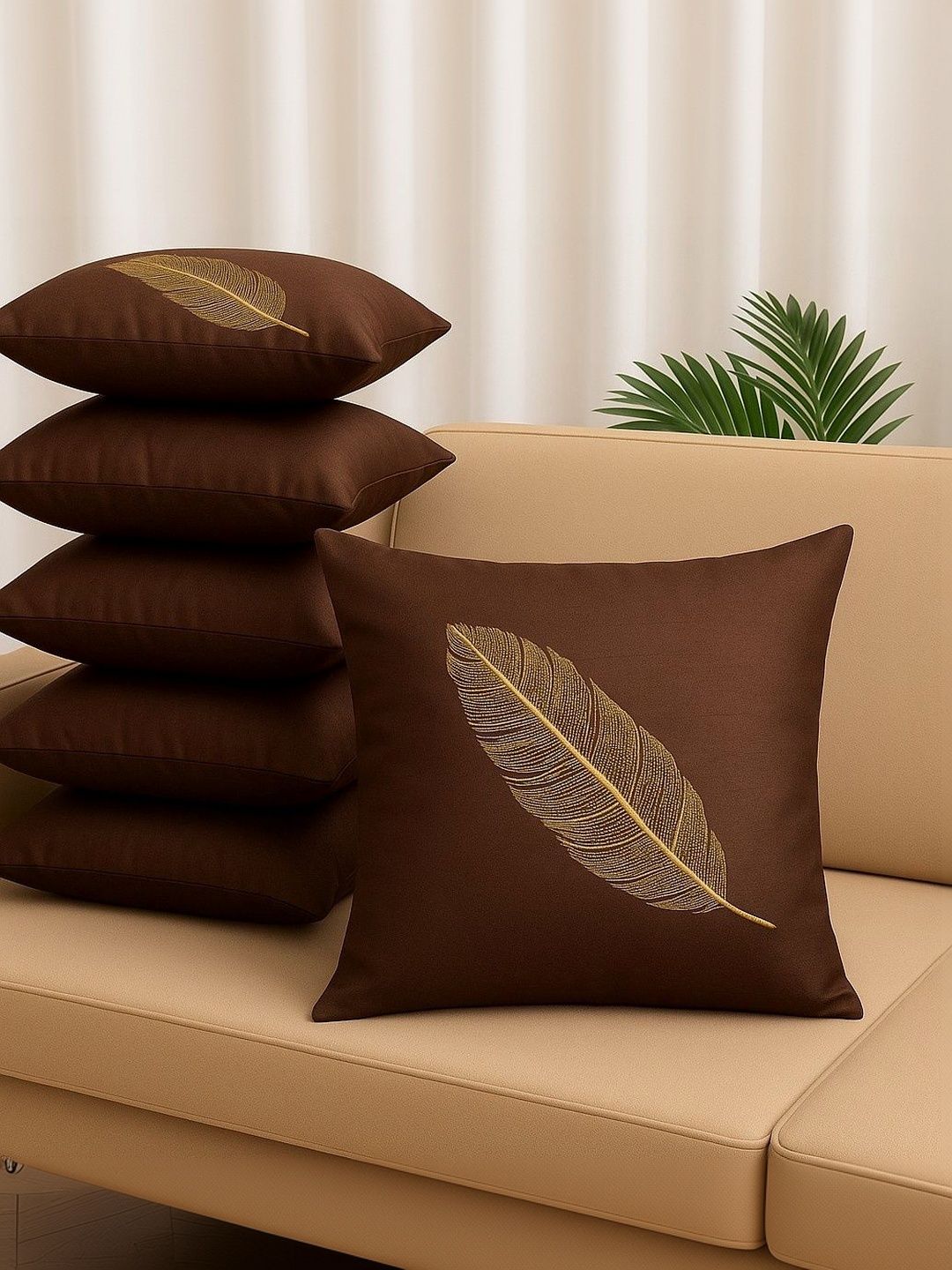LOFEY Brown Set of 5 Embroidered Square Cushion Covers-picture-47