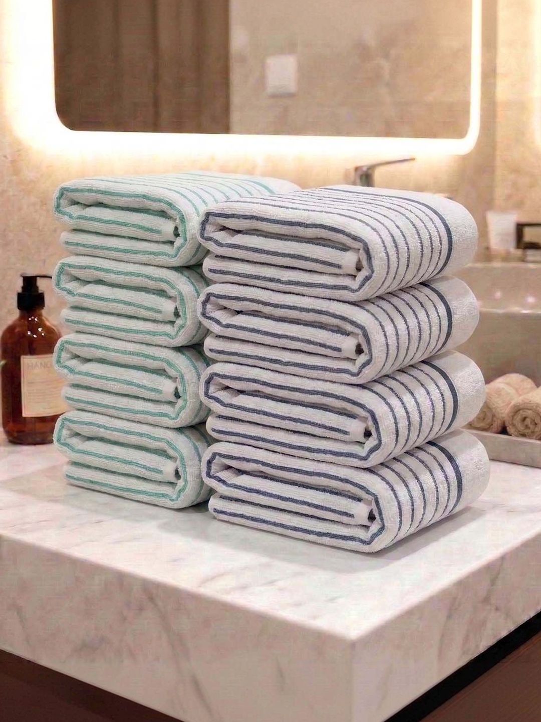 Athom Living 8Pc Sea-Green & White Striped Cotton 400-GSM Eco-Friendly Premium Hand Towels-image-19