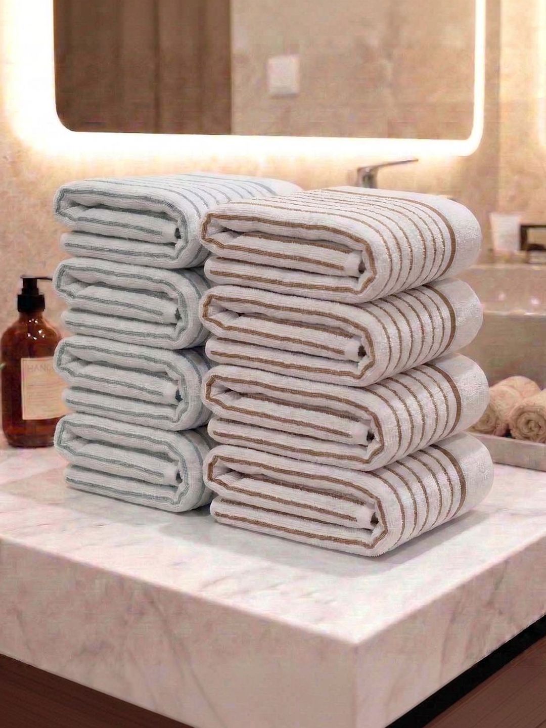 Athom Living 8Pcs Brown & White Striped Cotton 400-GSM Eco-Friendly Premium Hand Towels-image-7