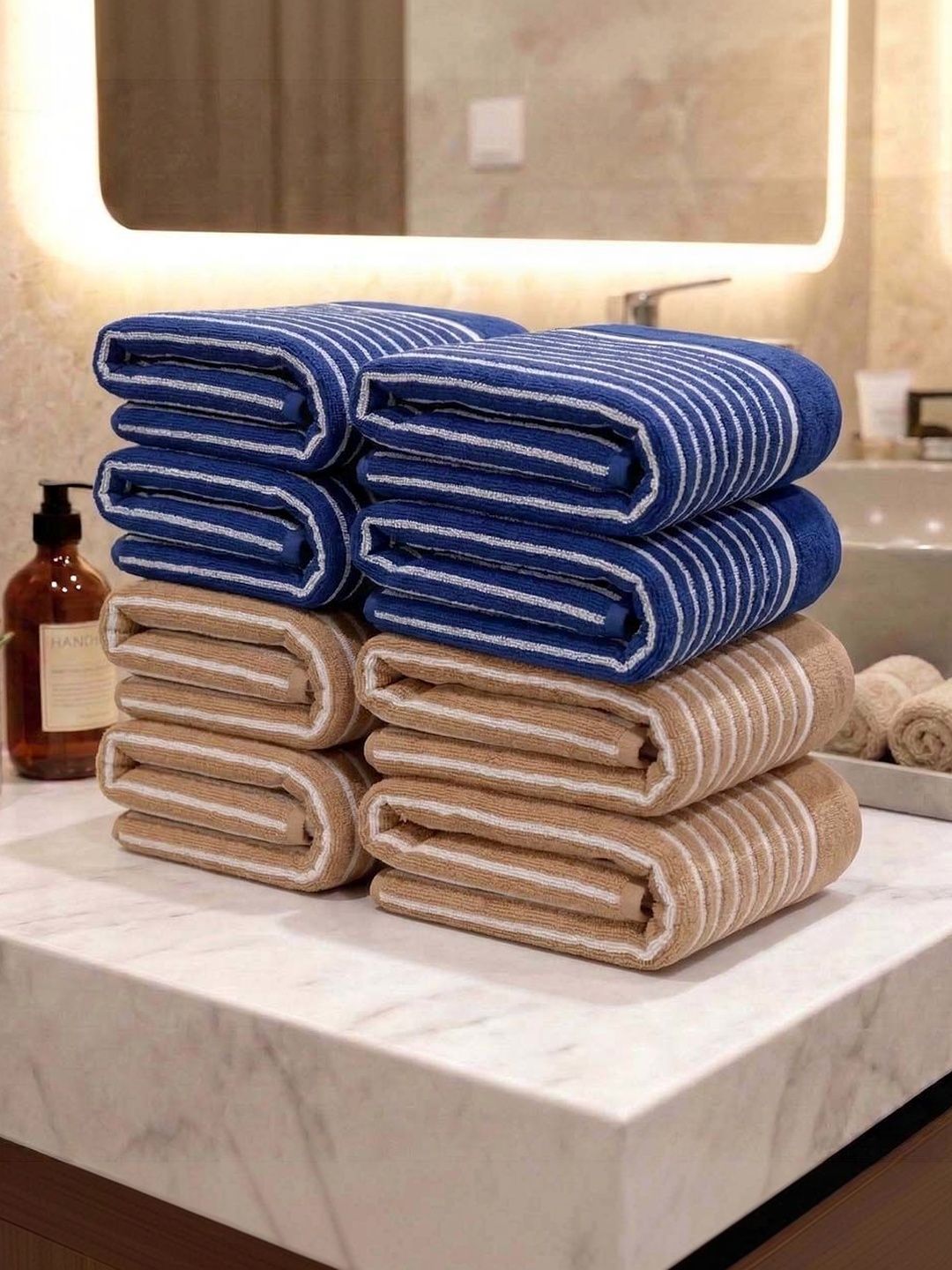Athom Living 8Pcs Beige & Blue Striped Cotton 400-GSM Eco-Friendly Premium Hand Towels-image-32