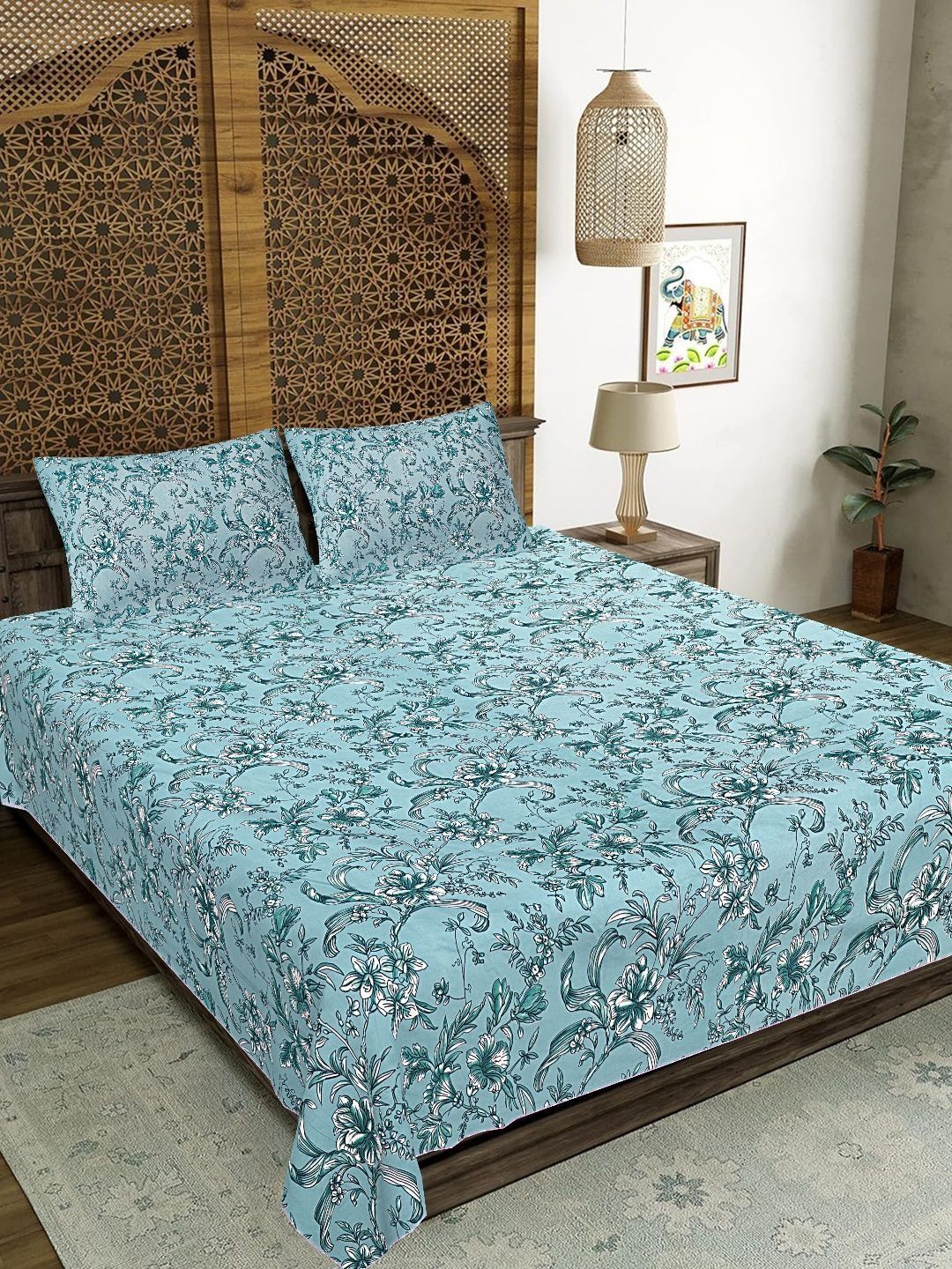 BED-SHEET.COM Turquoise Blue Floral 144 TC Bedsheet with 2 Pillow Covers-image-7