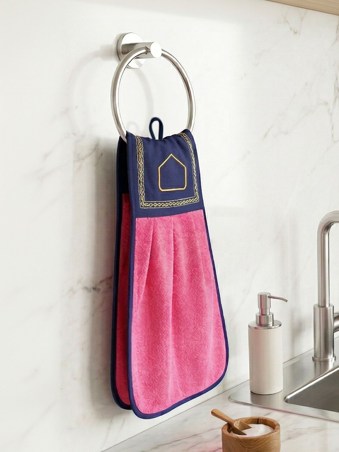Athom Living Navy Blue & Pink Pure Cotton Soft Skin-Friendly Wash Basin Kitchen Towel-image-34