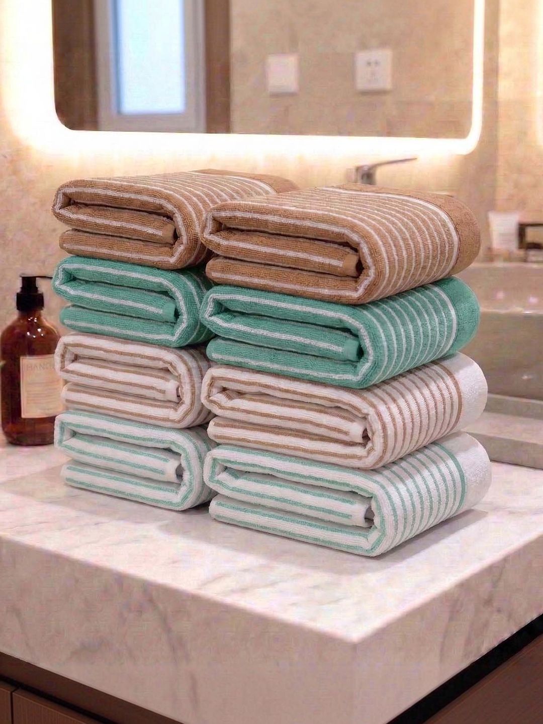 Athom Living 8Pcs Beige & White Striped Cotton 400-GSM Eco-Friendly Premium Hand Towels-picture-25