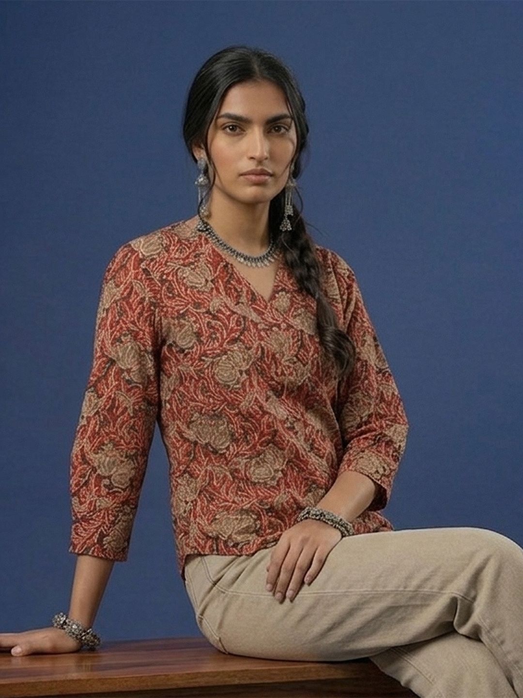 Taavi Ethnic Motifs Printed Kalamkari Pure Cotton Top