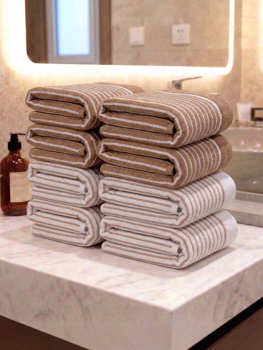 Athom Living 8Pcs Beige & White Striped Cotton 400-GSM Eco-Friendly Premium Hand Towels-picture-11