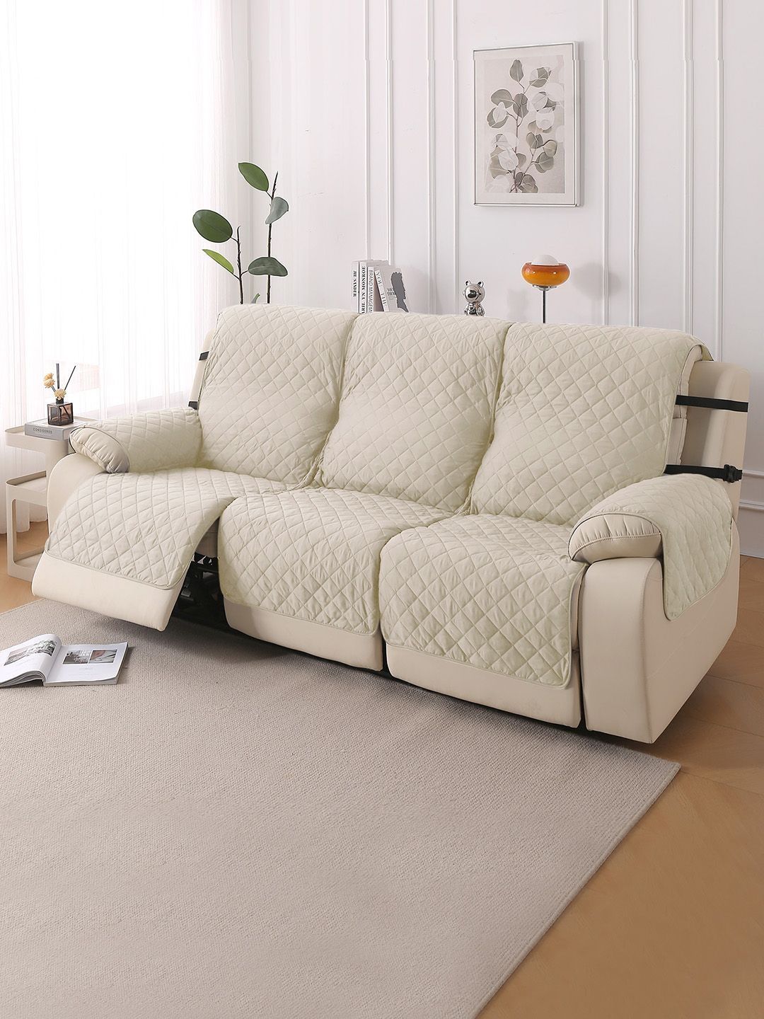 HOKIPO Cream-Coloured & Cream-Coloured 1 Piece Sofa Cover With Arms-picture-2