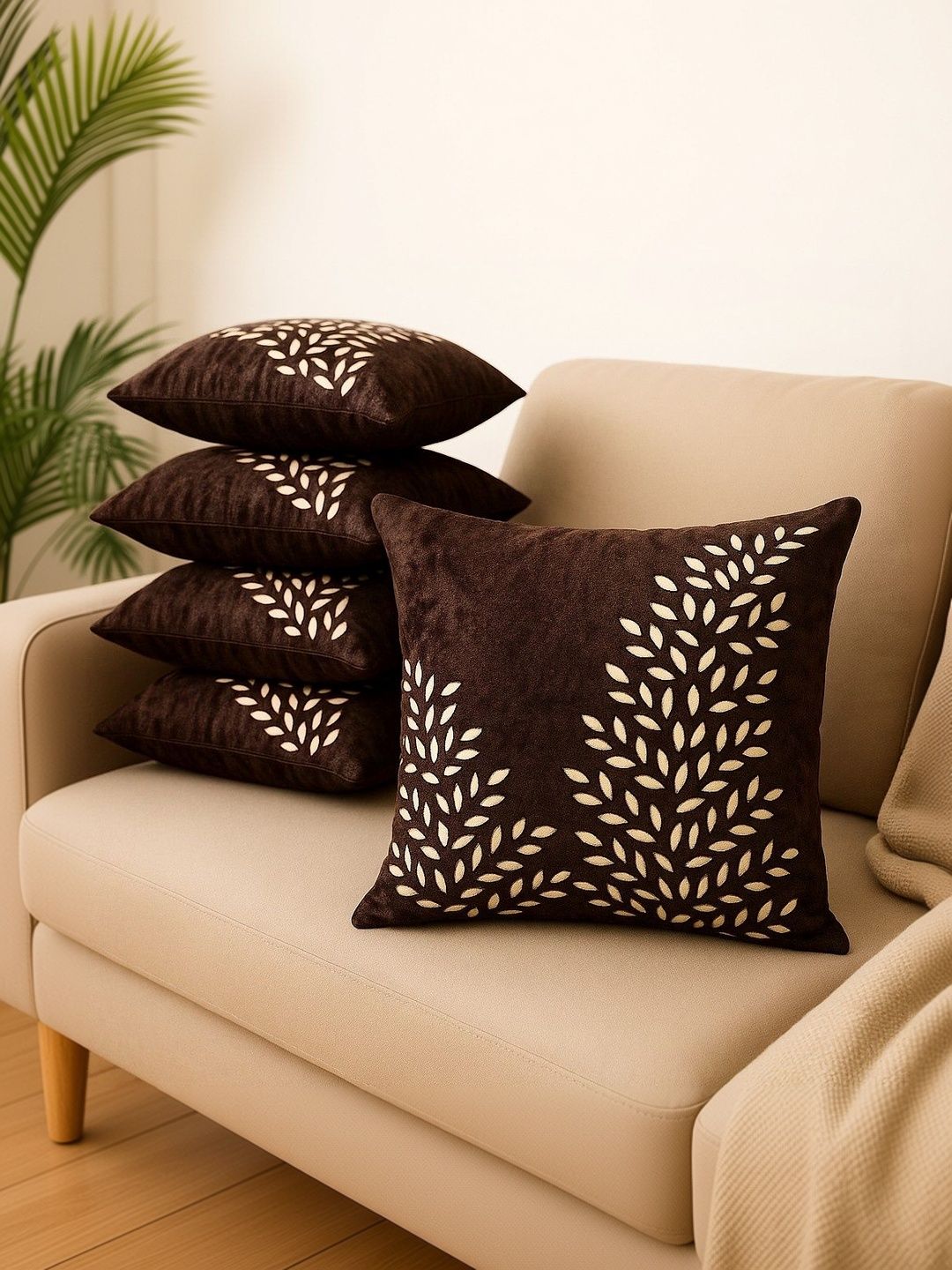 LOFEY Brown Set of 5 Velvet Square Cushion Covers-image-41