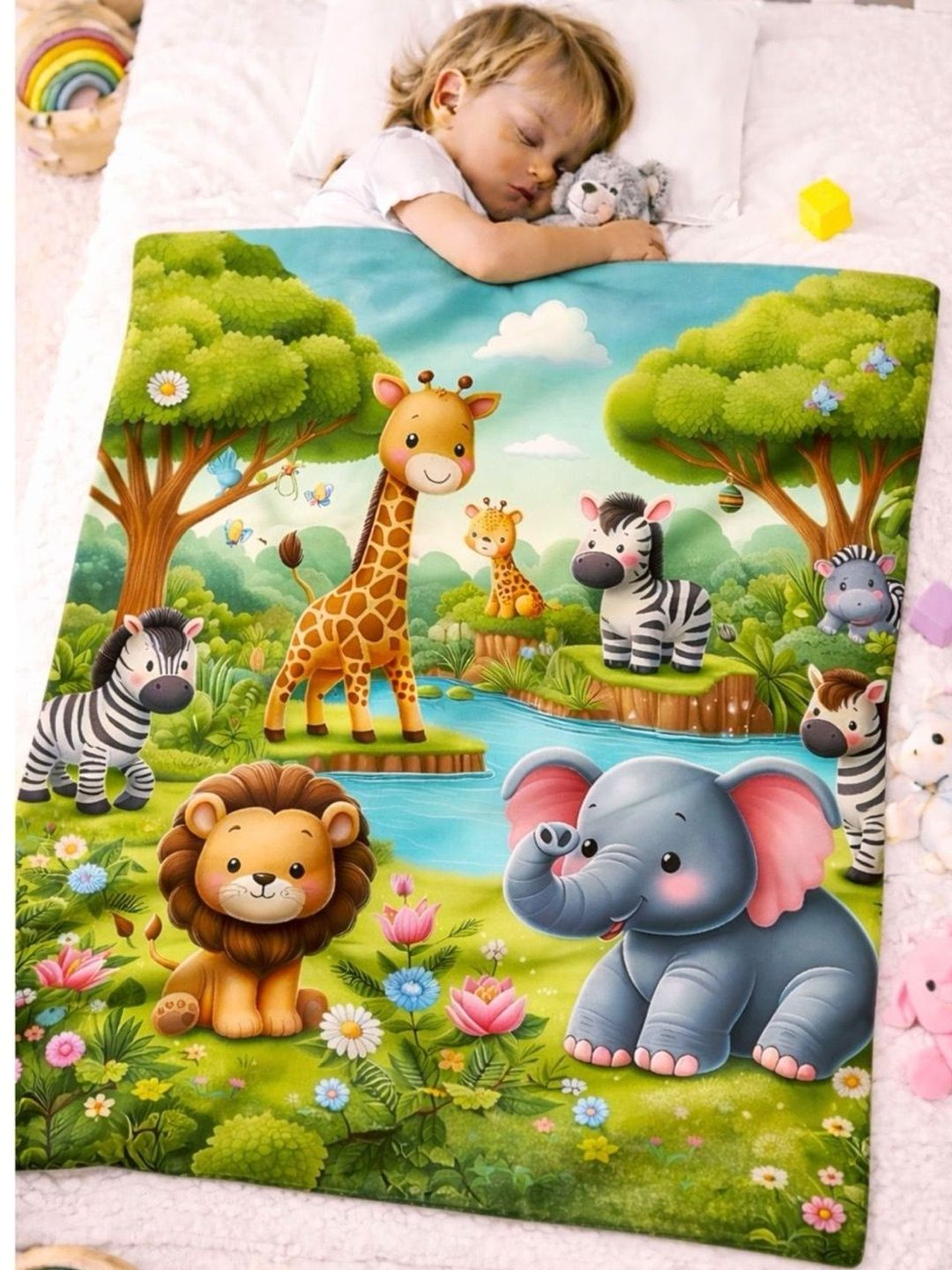 ROYALTY RETAIL AND EXPORT Green & Multicoloured Cartoon Characters Fleece AC Room Blanket-image-47