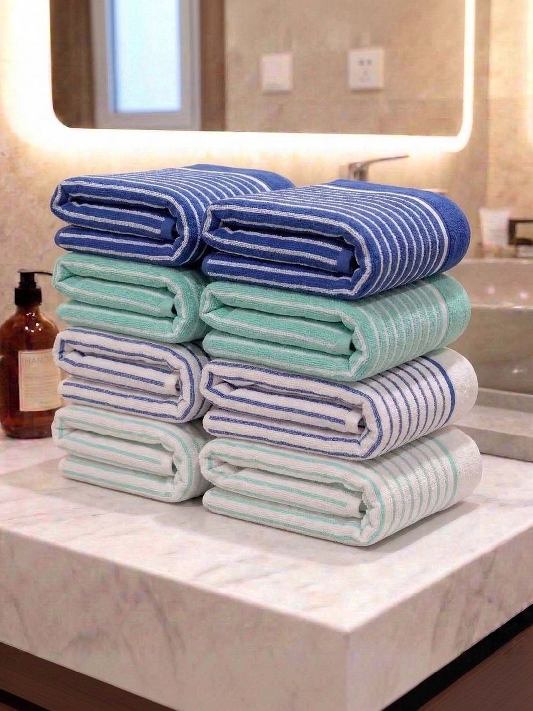 Athom Living 8Pcs Blue & White Striped Cotton 400-GSM Eco-Friendly Premium Hand Towels-picture-22