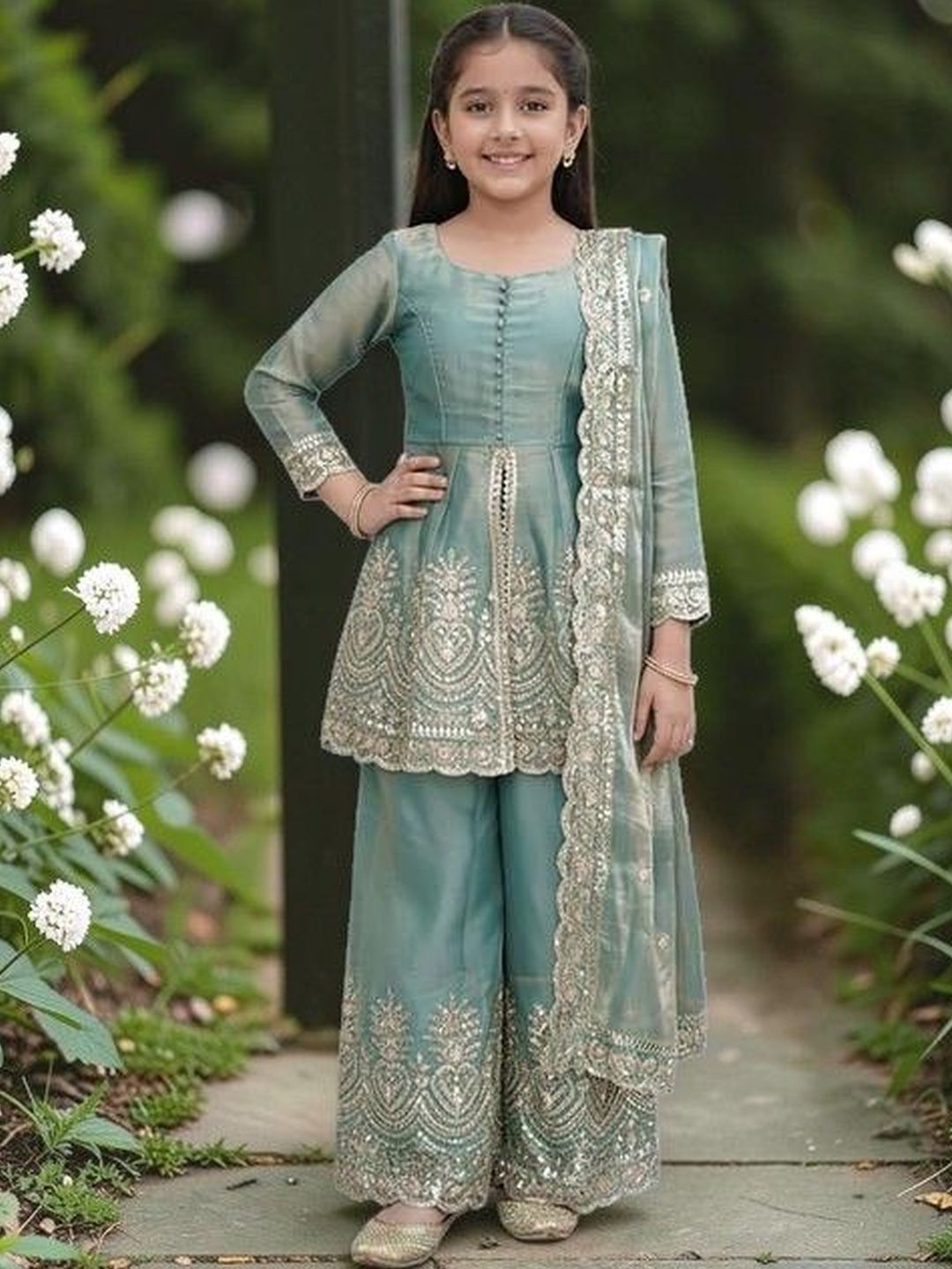 CARTYSHOP Girls Ethnic Motifs Embroidered Tiered Thread Work Pure Silk Kurta with Palazzos & With Dupatta-picture-51