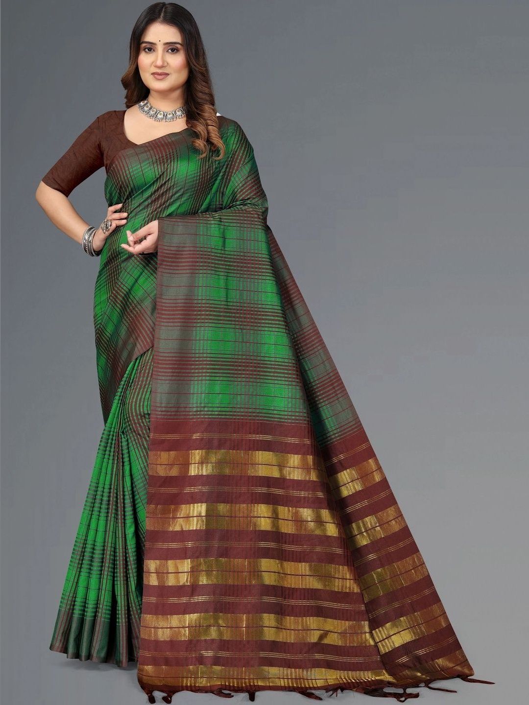 SHAIBO SAREE Checked Zari Silk Cotton Saree-picture-5
