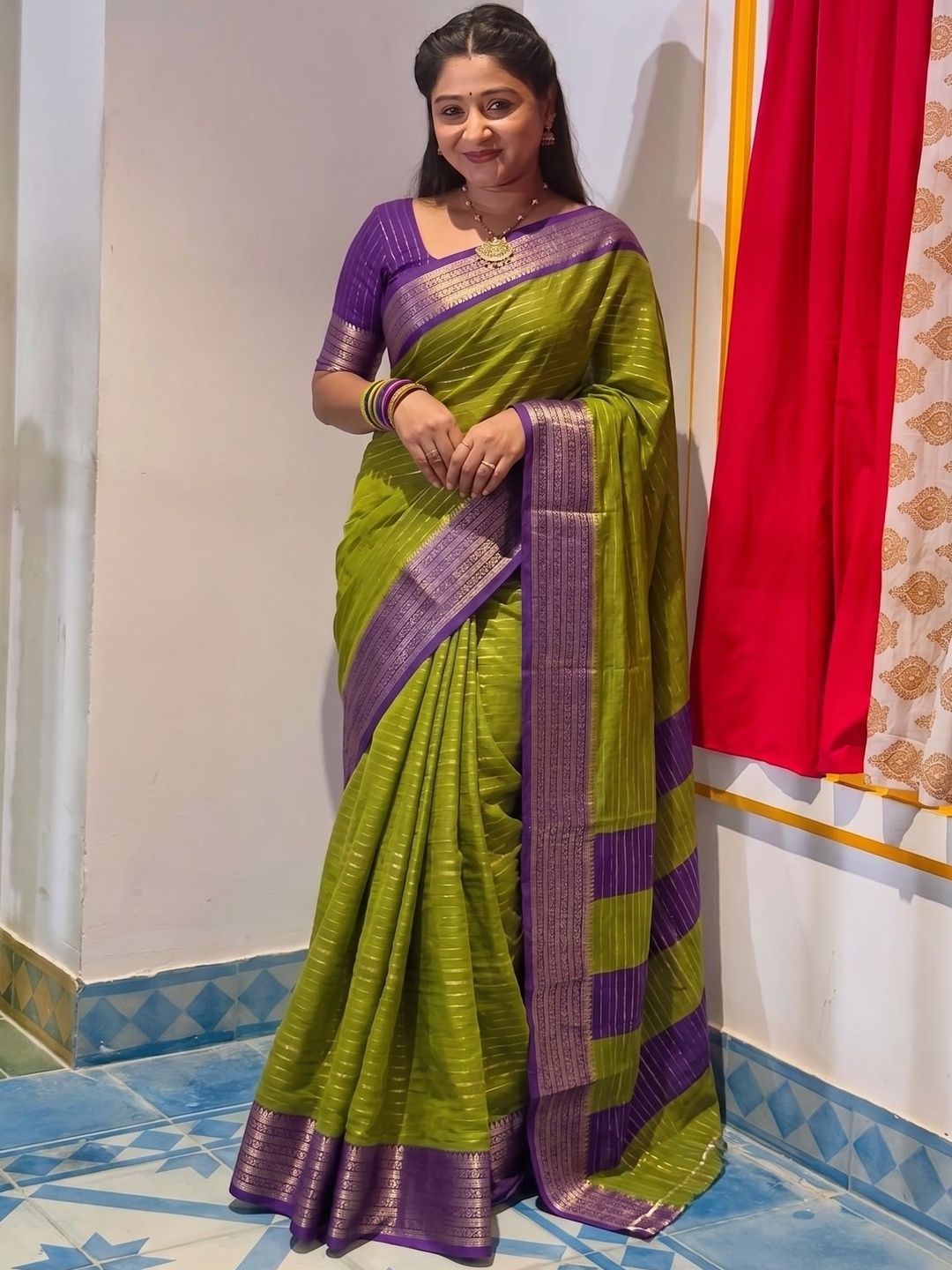 BilloRani Striped Zari Silk Blend Handloom Saree-picture-58