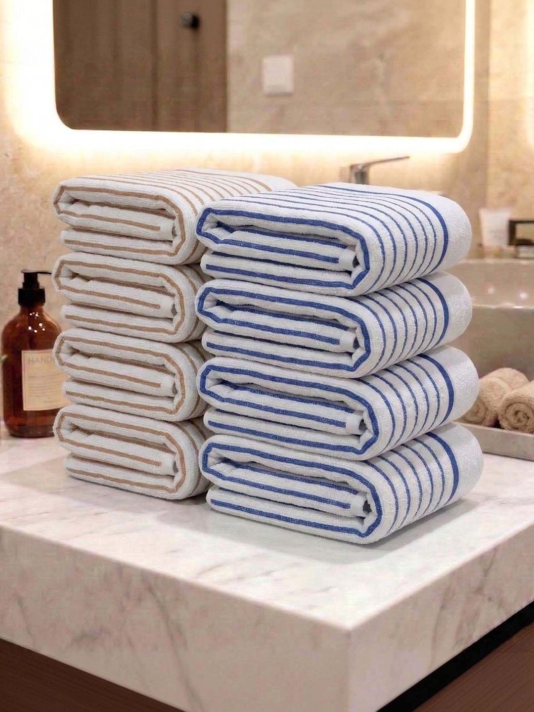 Athom Living 8Pcs White & Blue Striped Cotton 400-GSM Eco-Friendly Premium Hand Towels-image-28