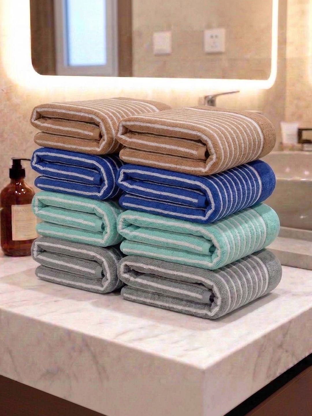 Athom Living 8Pcs Blue & Beige Striped Cotton 400-GSM Eco-Friendly Premium Hand Towels-image-8