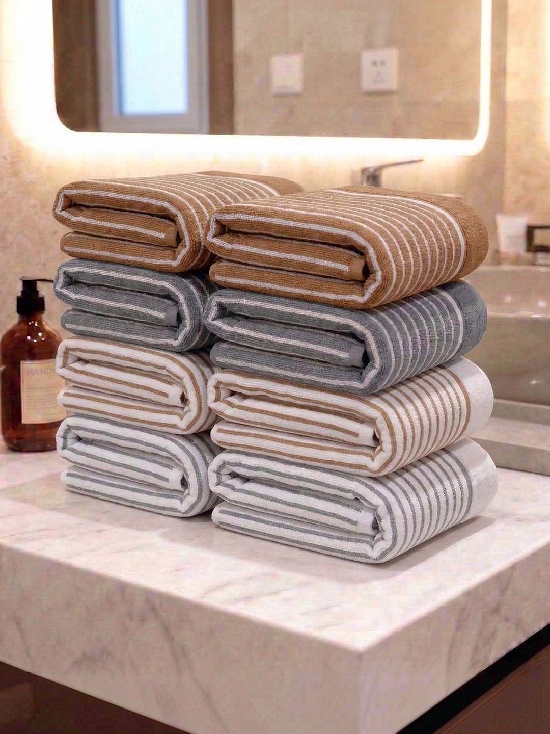 Athom Living 8Pcs Beige & White Striped Cotton 400-GSM Eco-Friendly Premium Hand Towels-picture-47