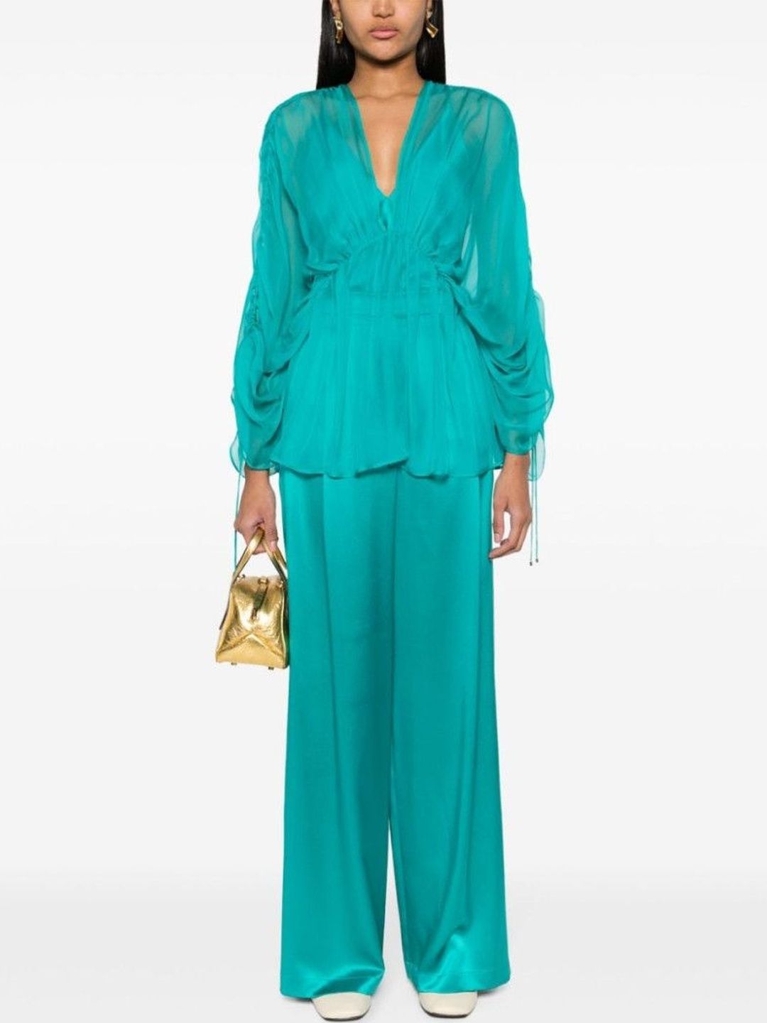 Max Mara Green Side-Slits Silk Palazzo Pants-picture-34