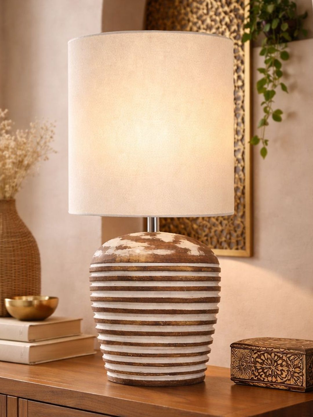 Glowhere Off White Textured Wood Cylindrical Shaped Table Lamp with Bulb-image-43