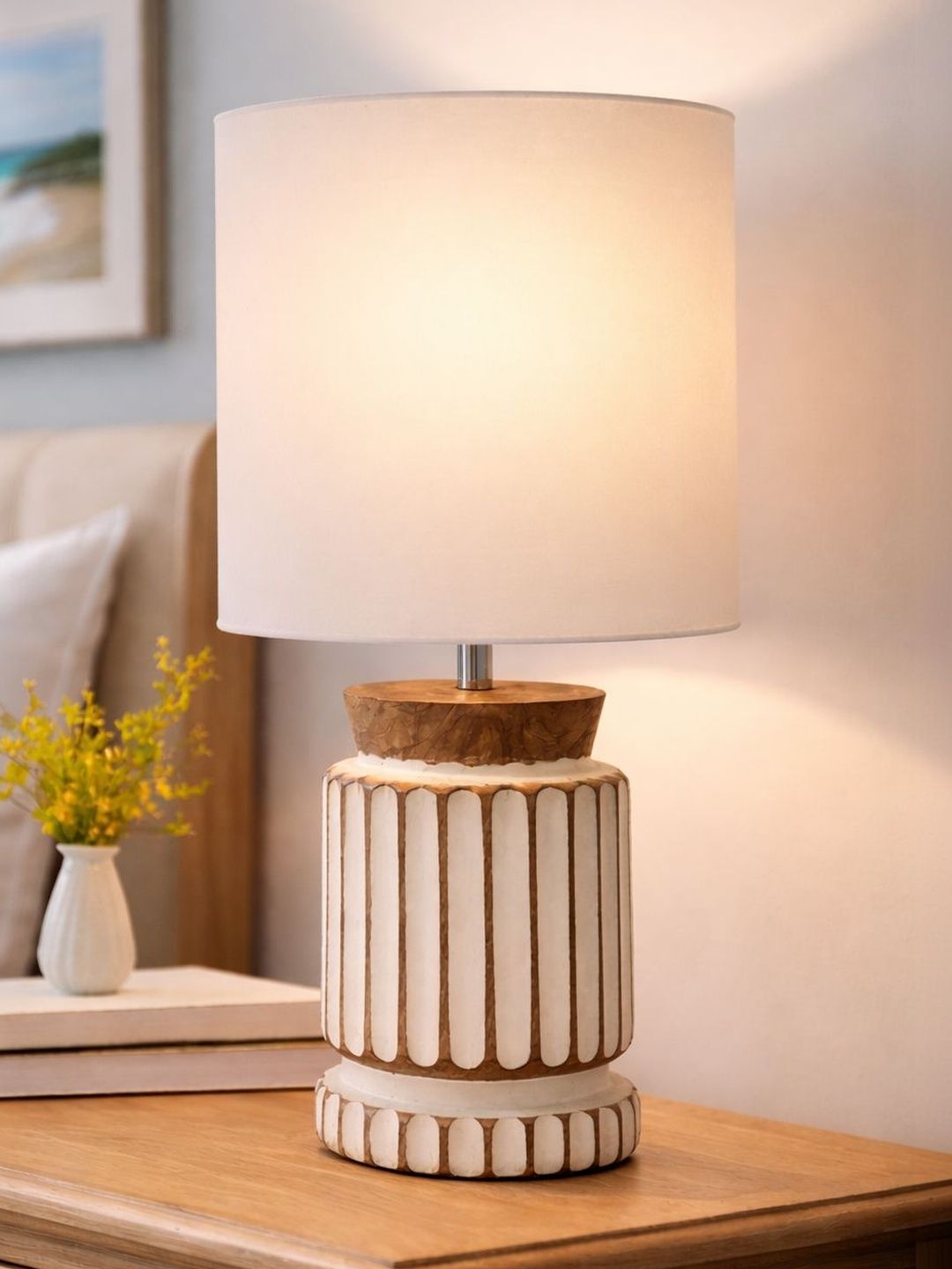 Glowhere Off White Textured Wood Cylindrical Shaped Table Lamp with Bulb-image-42