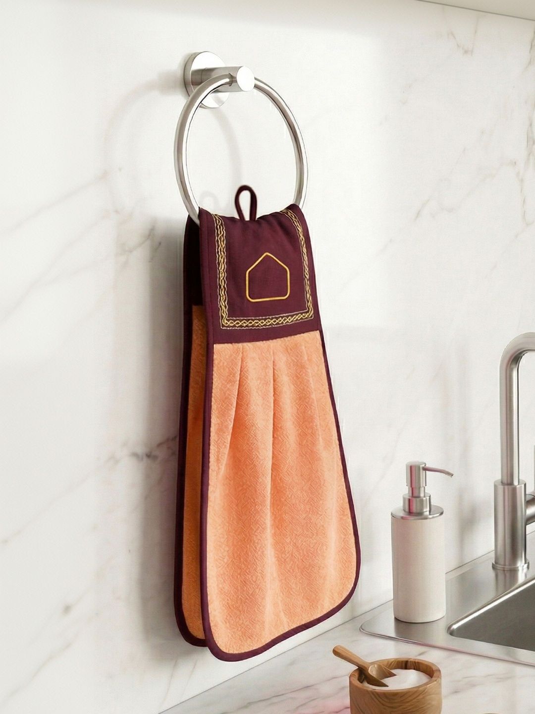 Athom Living Orange-Colored & Brown Pure Cotton Skin-Friendly Wash Basin Kitchen Towel-picture-36