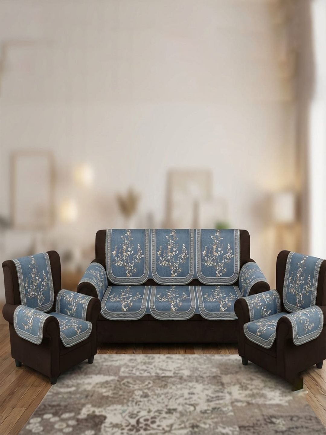 RAINBOW FURNISHINGS Blue & Cream-Coloured Printed Viscose Rayon Blend Sofa Cover With Arms-picture-27