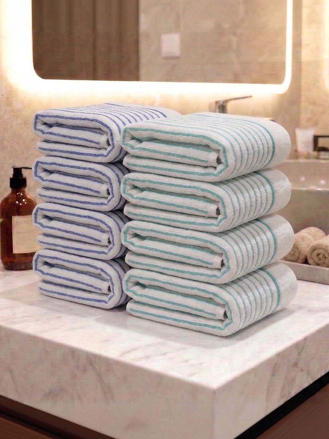 Athom Living 8Pcs Blue & White Striped Cotton 400-GSM Eco-Friendly Premium Hand Towels-picture-23