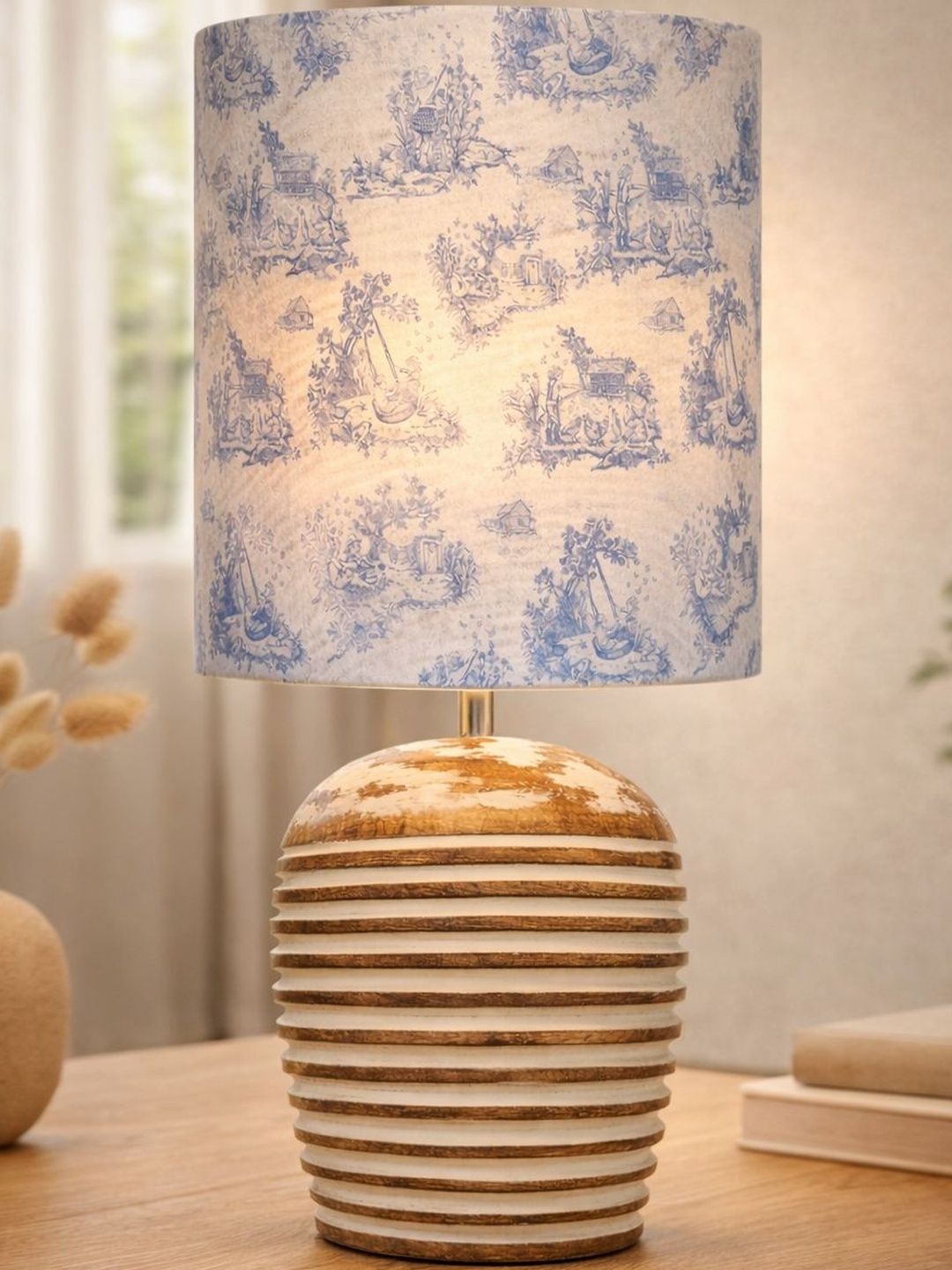 Glowhere Multicoloured Printed Wood Traditional Cylindrical Shaped Table Lamp with Bulb-picture-29