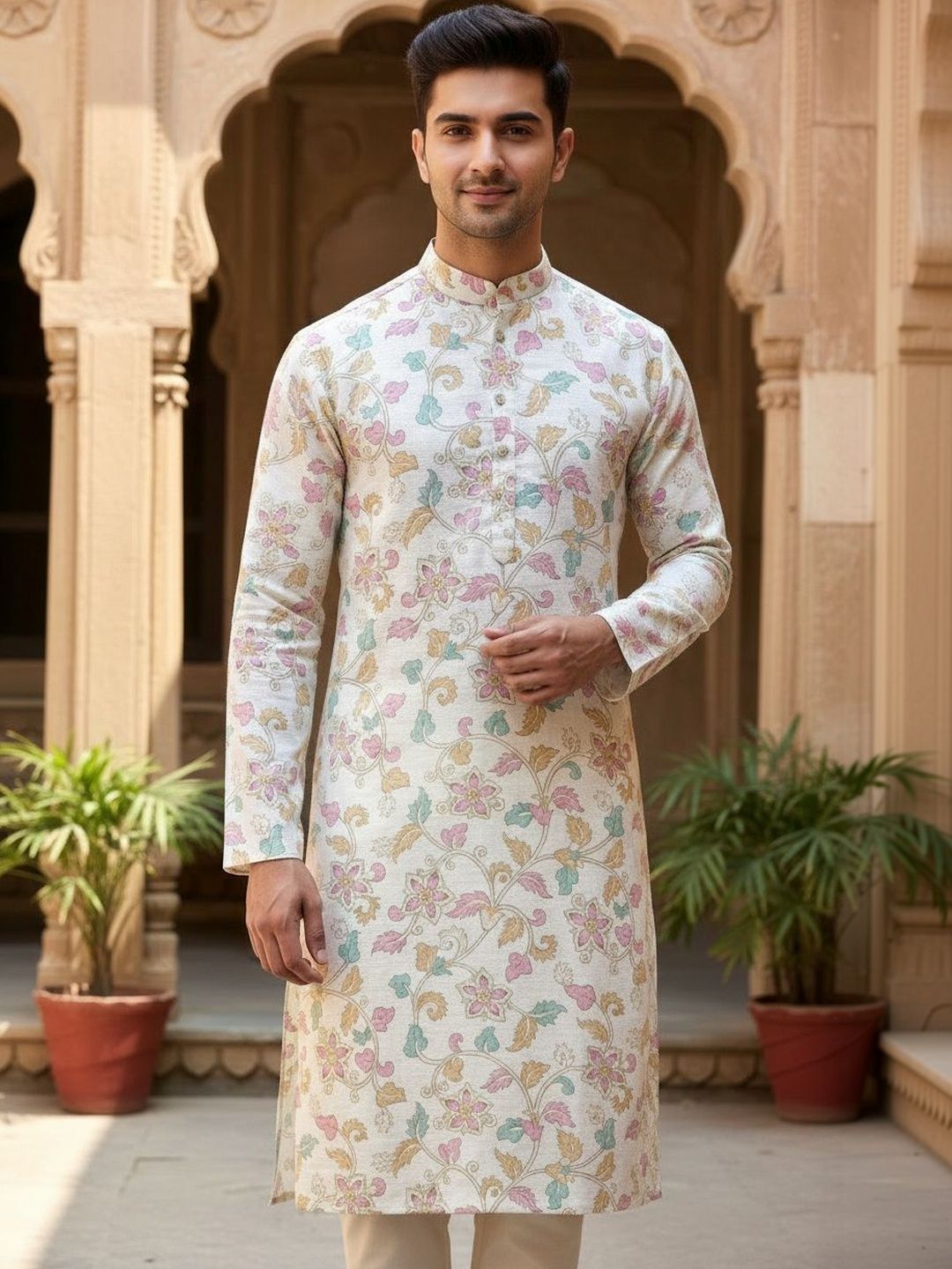 Anouk Men Floral Printed Pastels Kurta-picture-51
