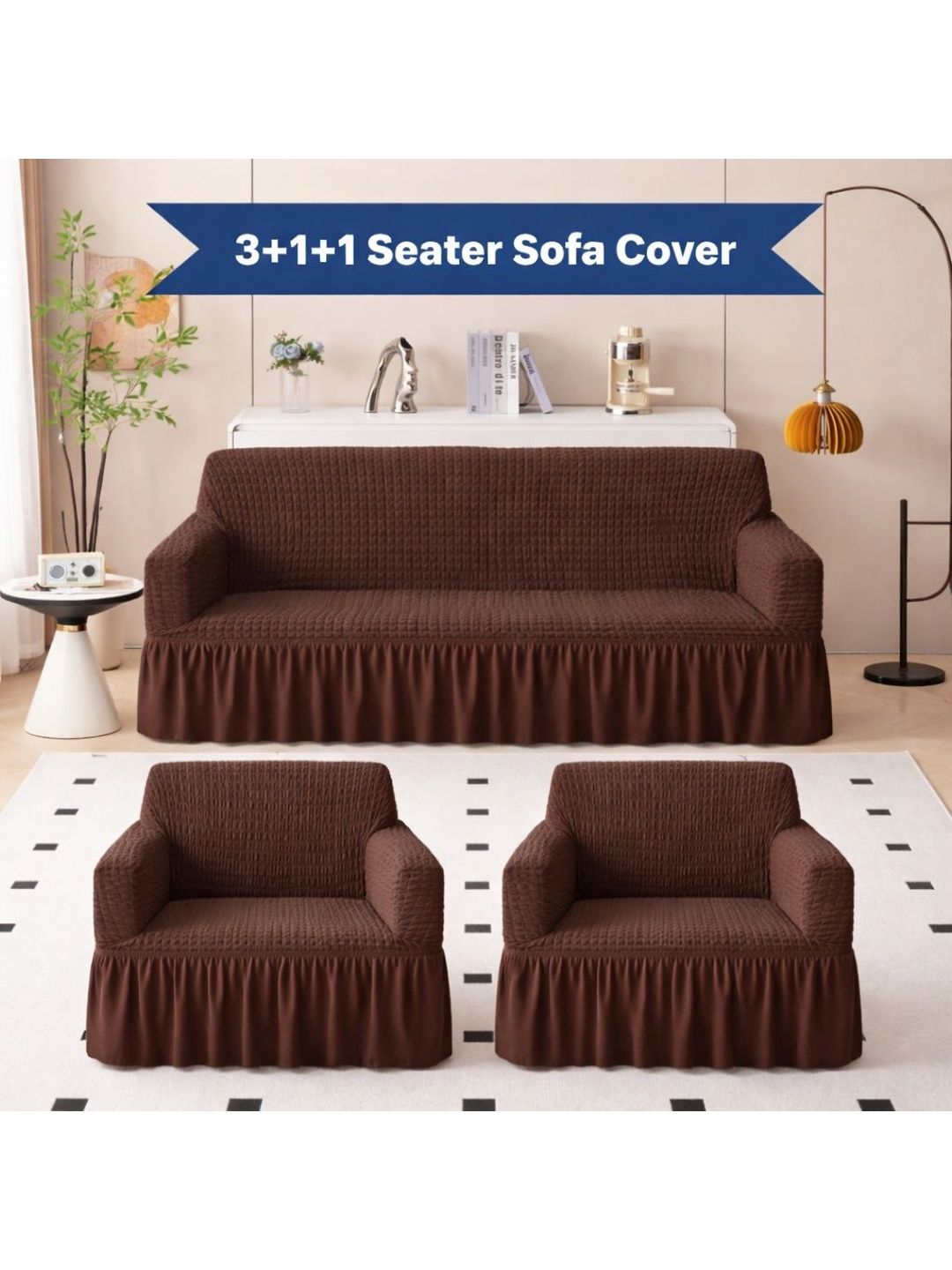 MAGICAL Brown & Brown 3 Piece Sofa Cover With Arms-picture-58
