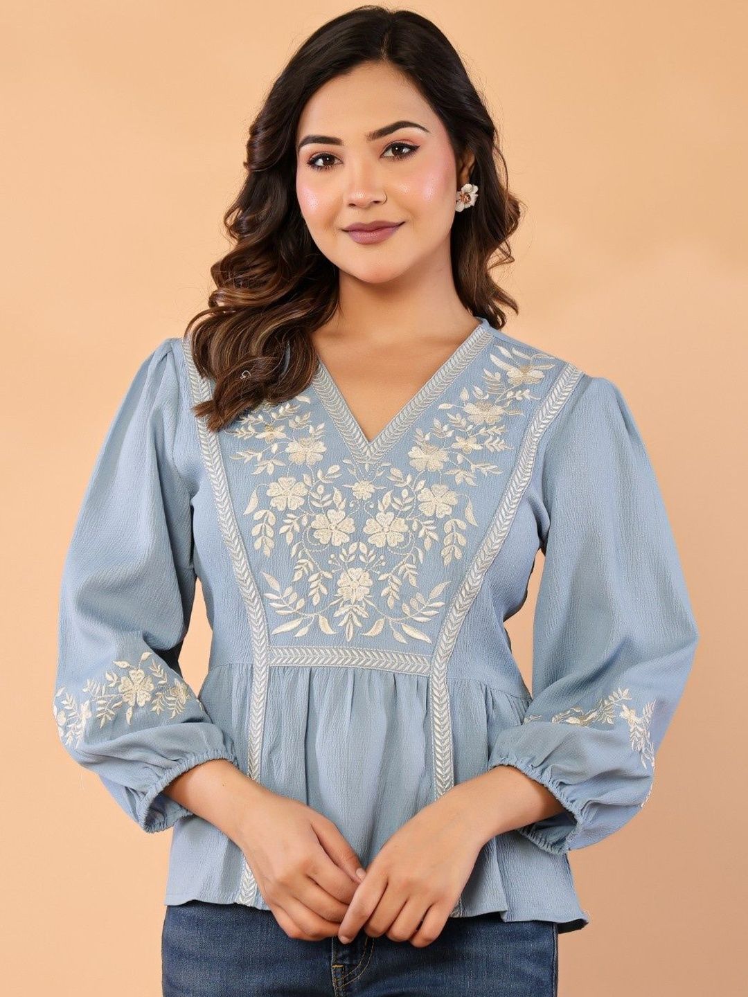 Anouk Rustic Floral Embroidered Bishop Sleeves Crepe Top-picture-31