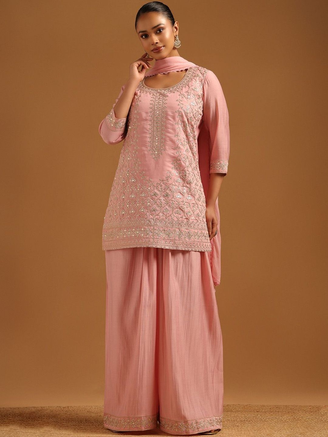 Soch Women Ethnic Motifs Embroidered Regular Thread Work Chanderi Cotton Kurti with Palazzos & With Dupatta-picture-27