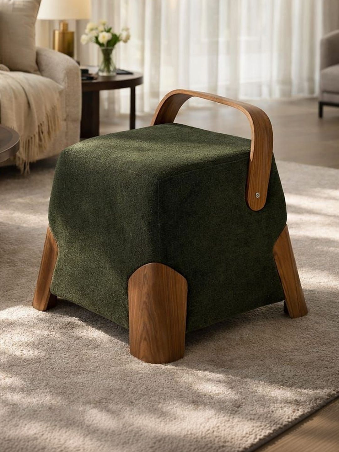 JAICO Bento-Green & Brown Square Contemporary Ottoman With Ergonomic Handle-picture-25