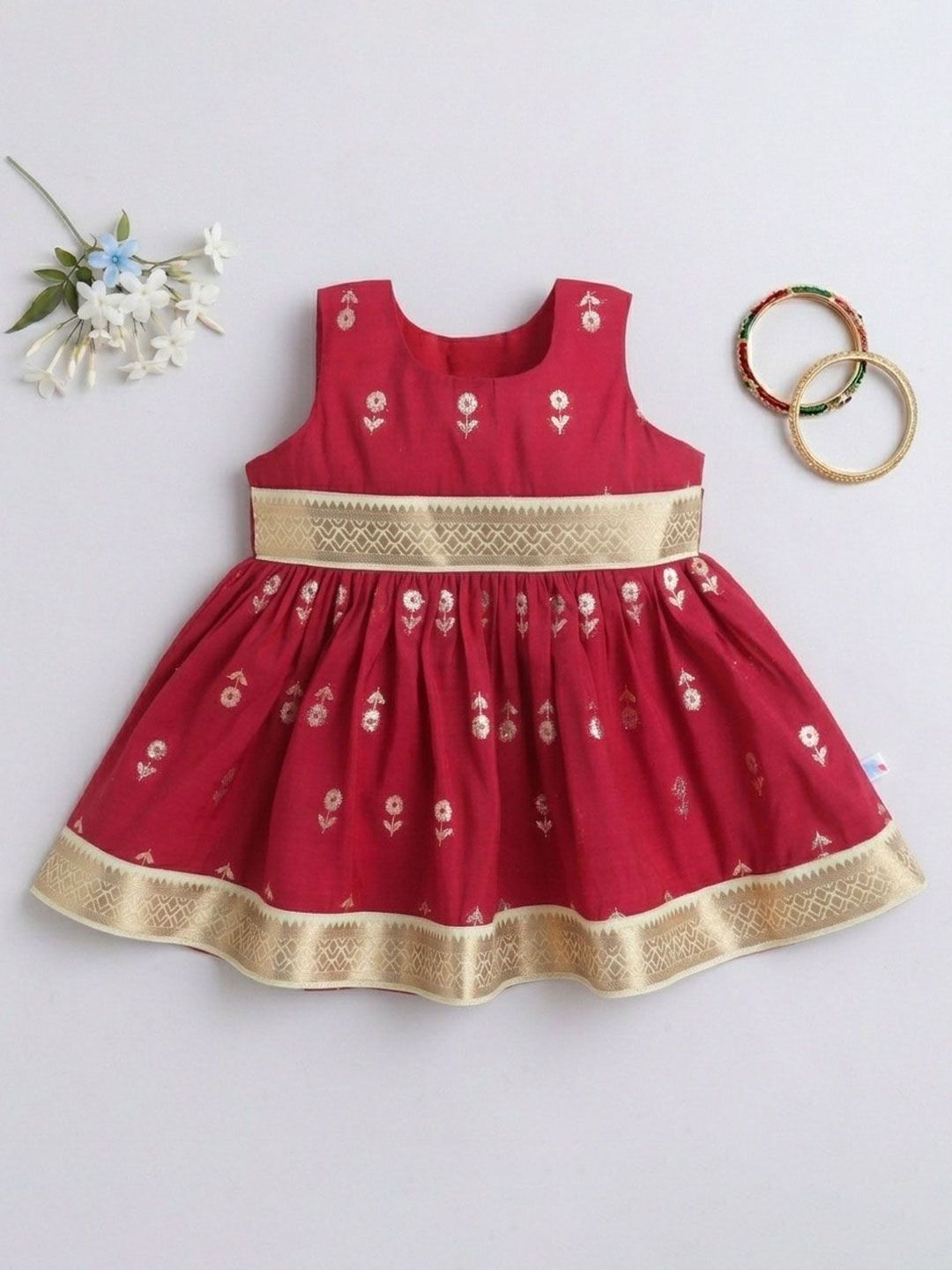 MANY FROCKS & Girls Woven Design Pure Cotton Fit & Flare Knee Length Ethnic Dress-image-35