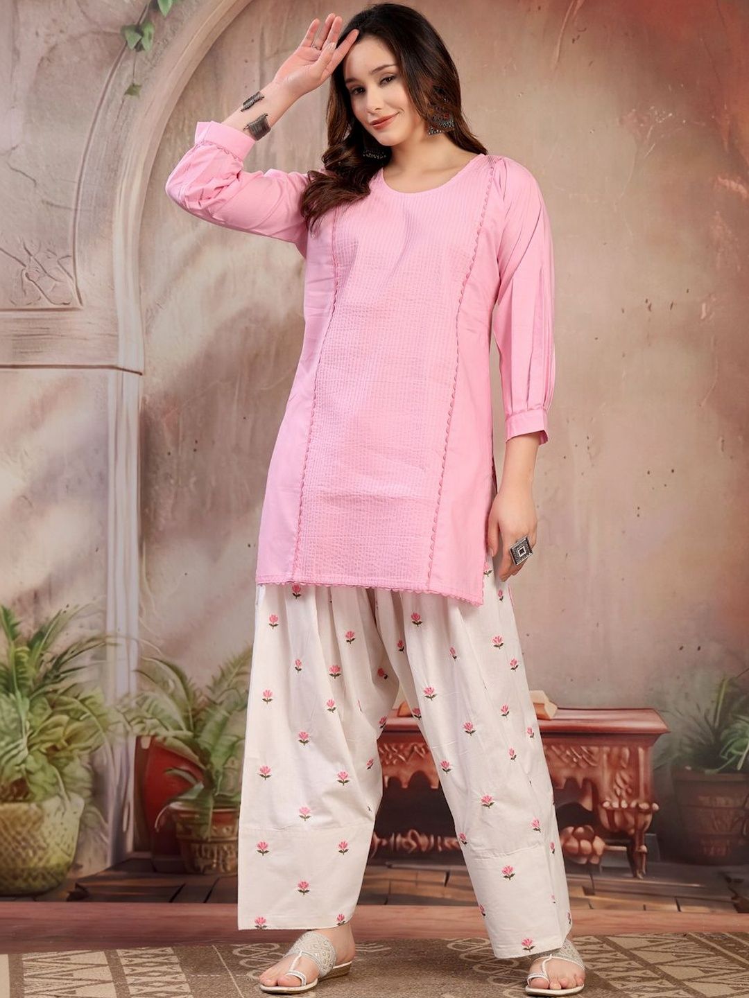 Clora Creation Women Solid Kurta with Front Pintucks and Embroidered Farshi Salwar Set-picture-43