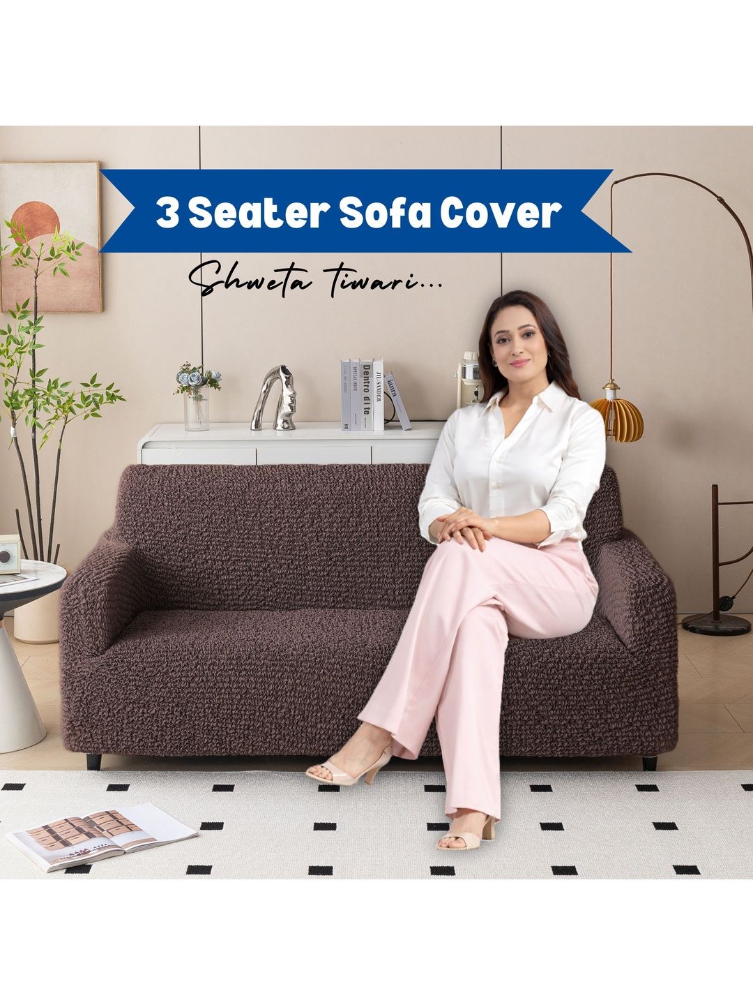 MAGICAL Brown & Brown Microfibre Blend 1 Piece Sofa Cover With Arms-image-33