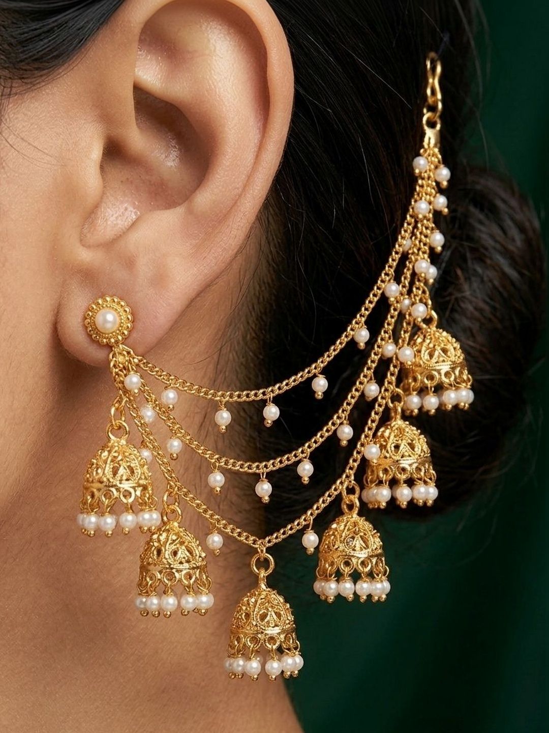 DURATI Gold Plated Classic Layered Pearls Earchain With Jhumki Studded-picture-15