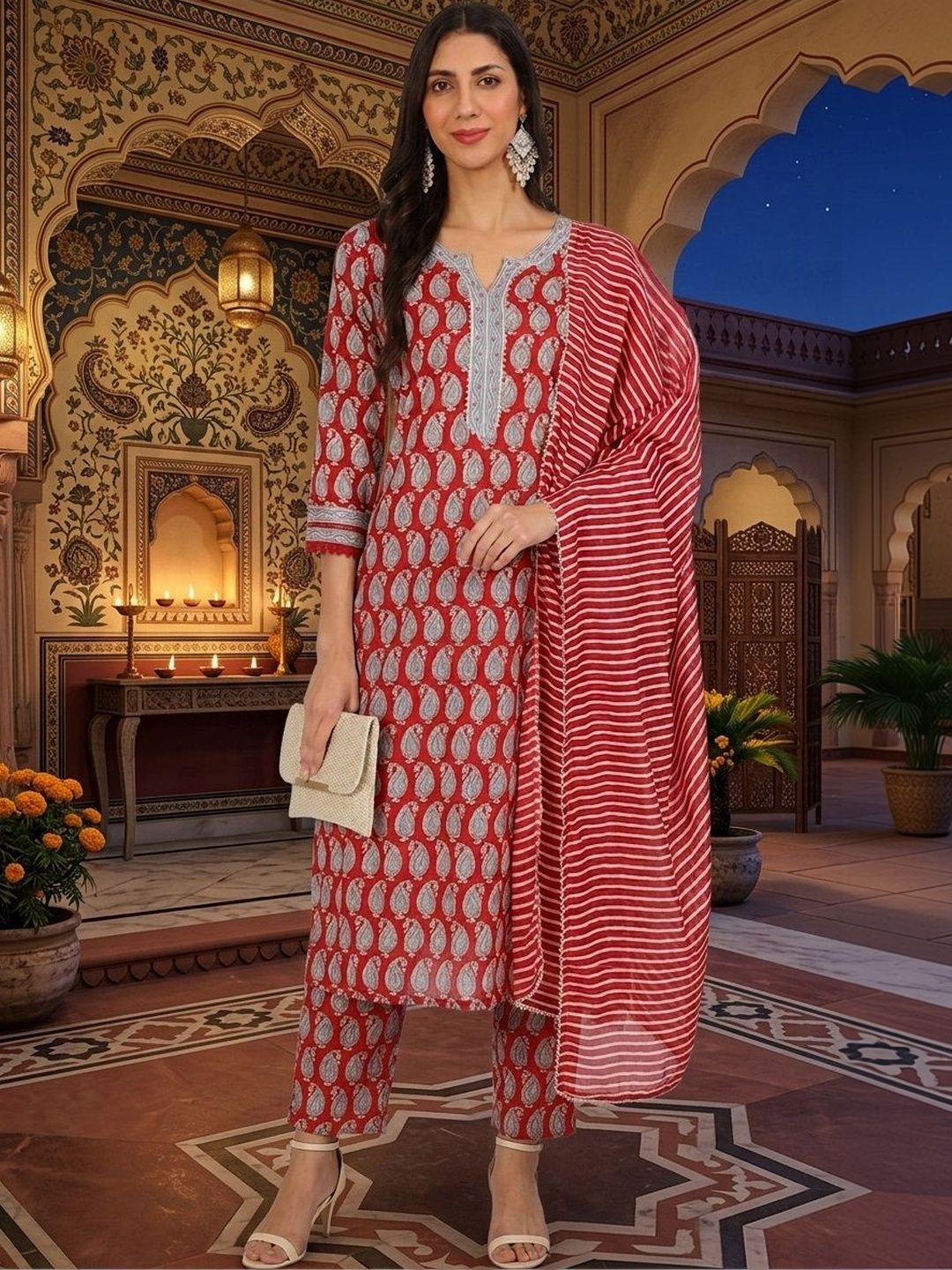 Anouk Rustic Women Ethnic Motifs Printed Regular Thread Work Pure Cotton Kurta with Trousers & With Dupatta-picture-30