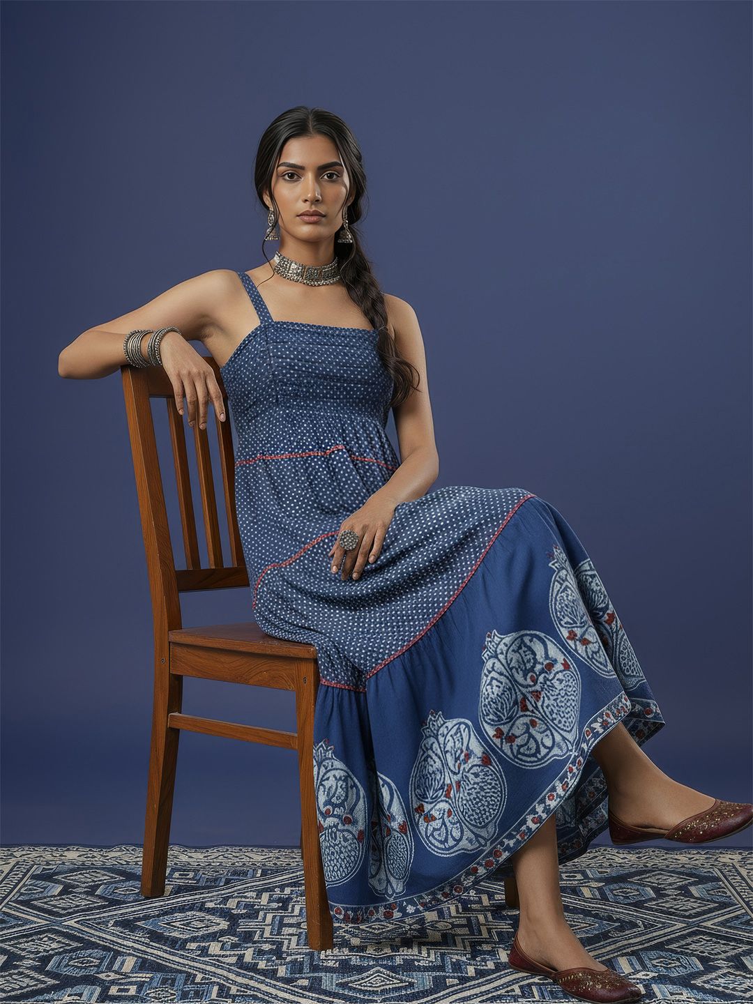 Taavi Cotton Linen Printed Dabu Maxi Ethnic Dress-image-49