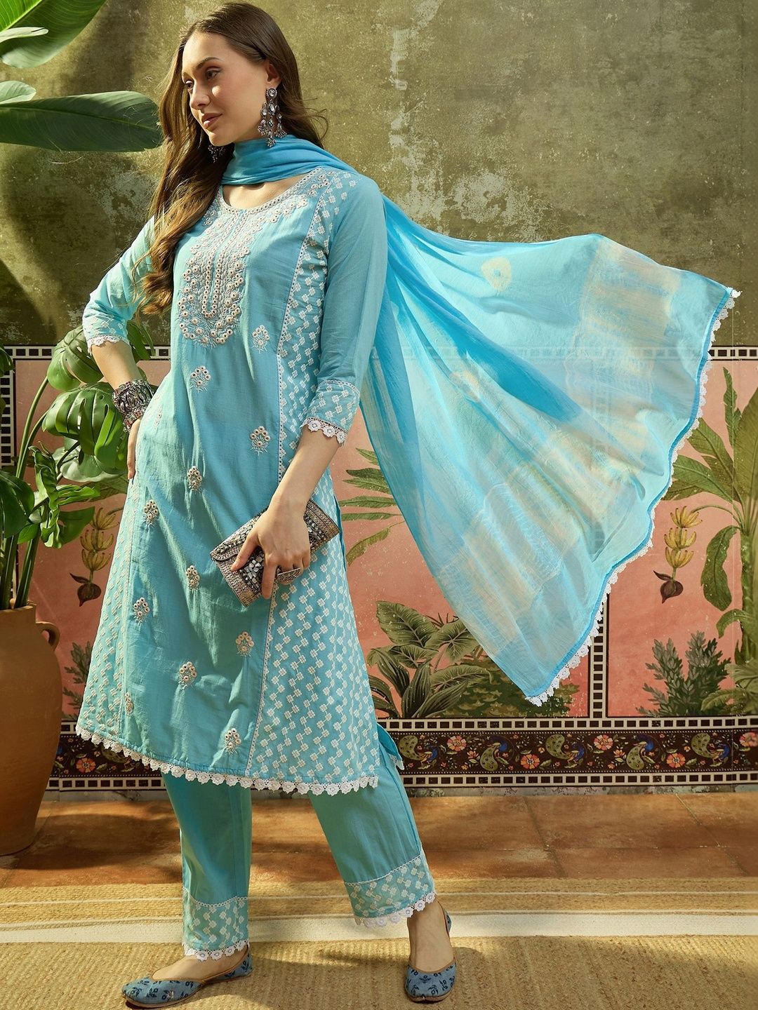 Sangria Embroidered Pure Cotton Round Neck Kurta & Palazzos With Dupatta Kurta Set-picture-40