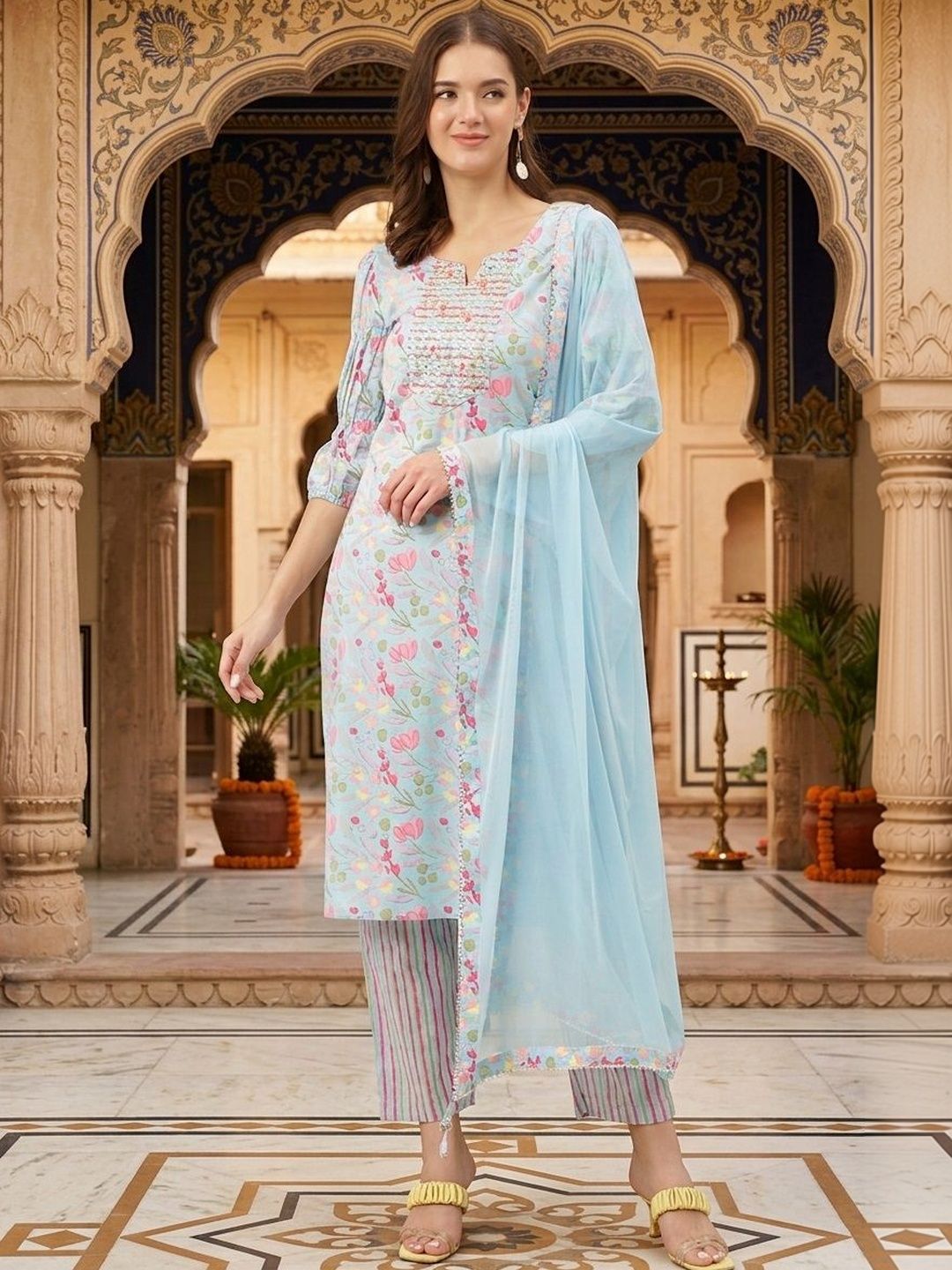 Anouk Rustic Women Floral Printed Regular Gotta Patti Pure Cotton Kurta with Trousers & With Dupatta-image-14