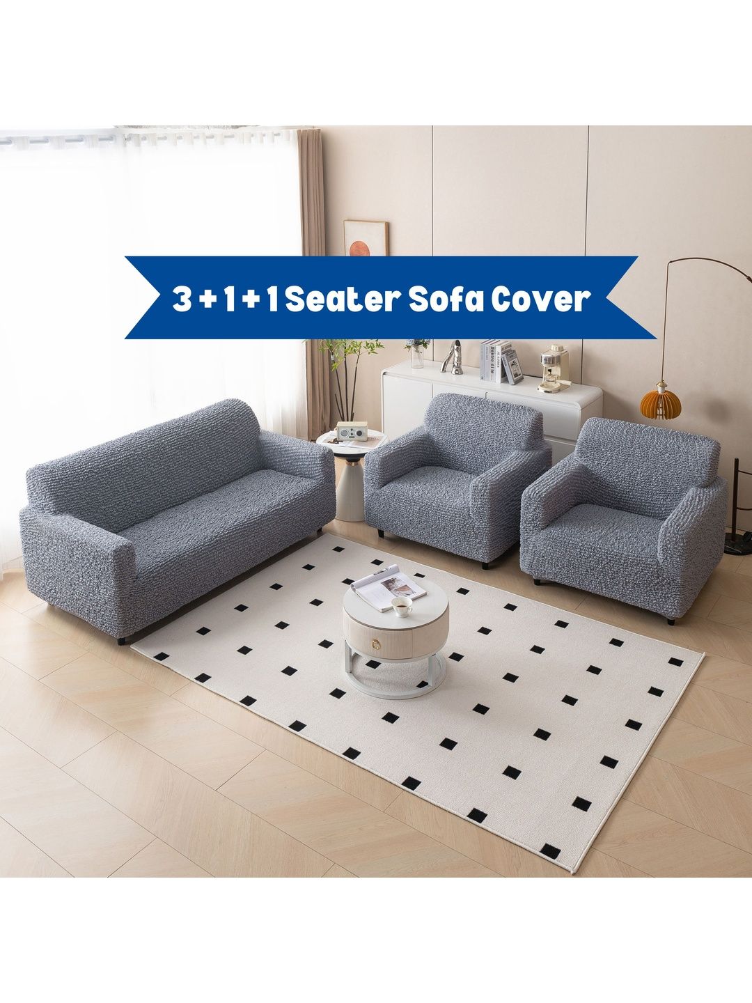 MAGICAL Grey & Grey Microfibre Blend 3 Piece Sofa Cover With Arms-image-32