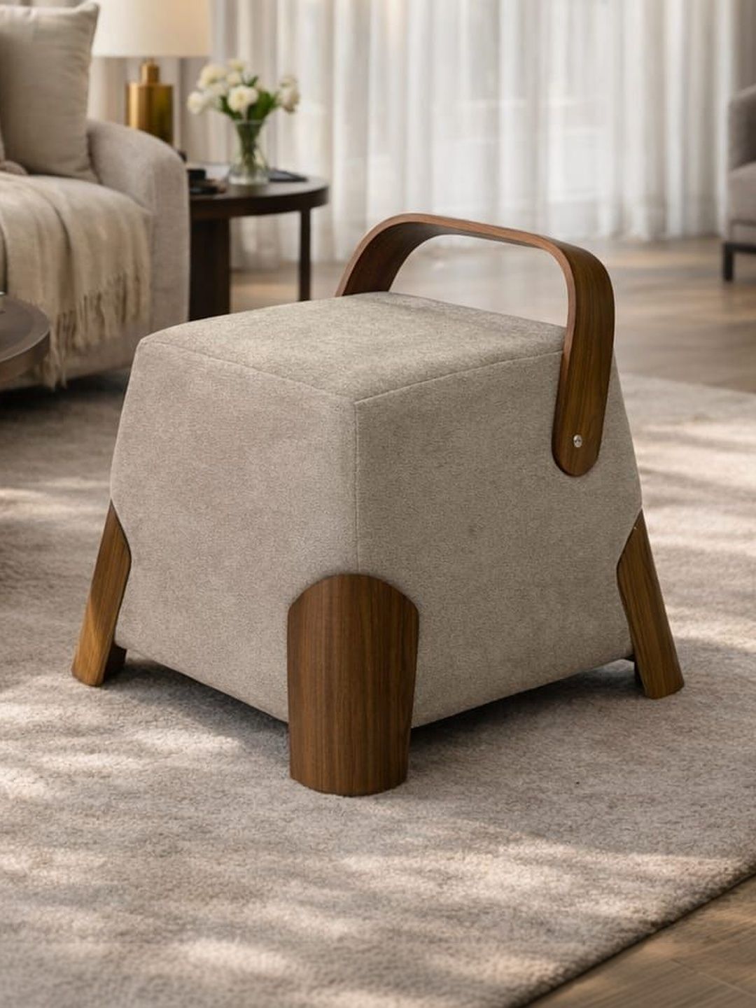 JAICO Bento-Beige & Brown Square Contemporary Ottoman With Ergonomic Handle-picture-23
