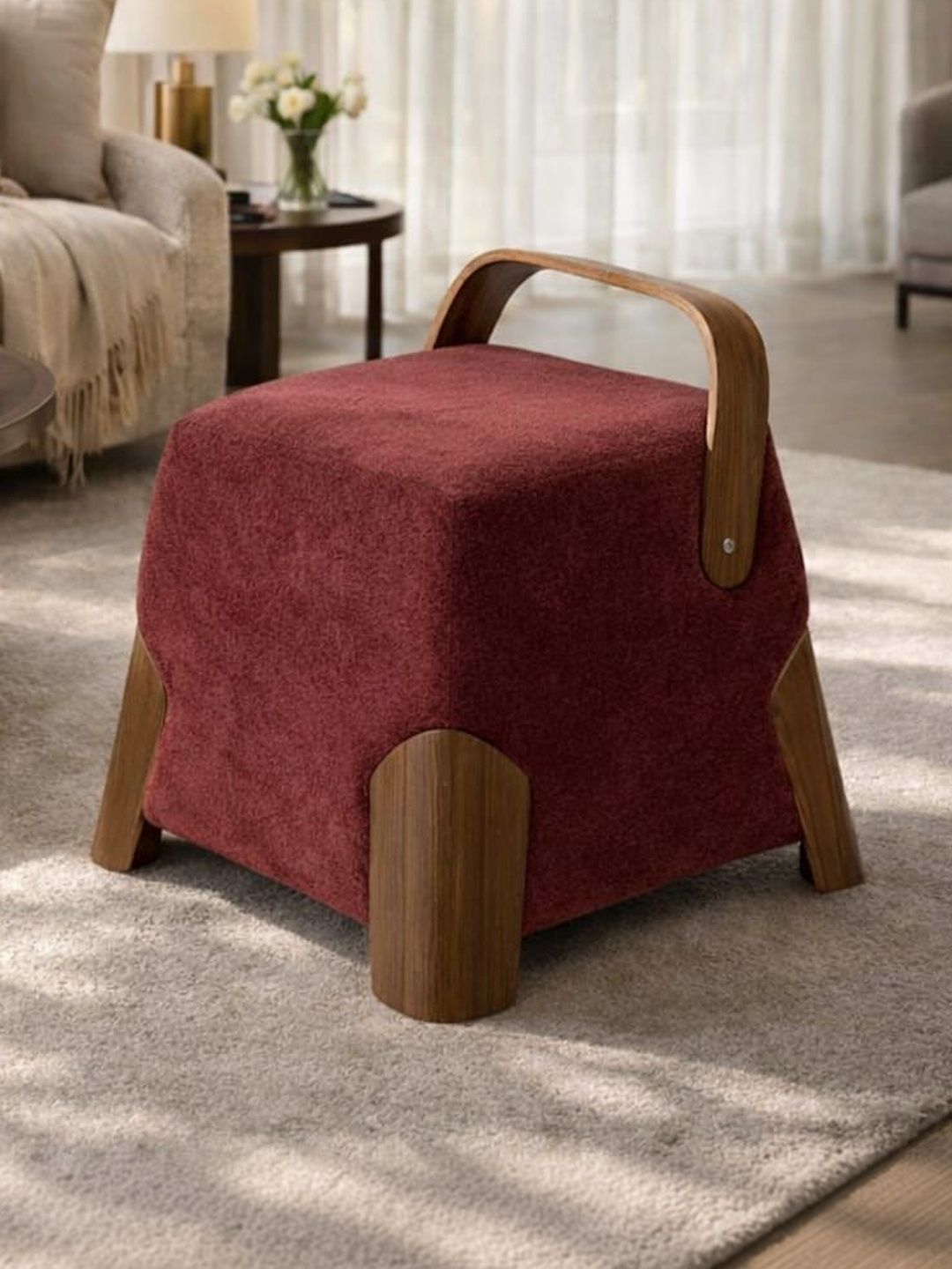 JAICO Bento-Maroon & Brown Square Contemporary Ottoman With Ergonomic Handle-picture-27