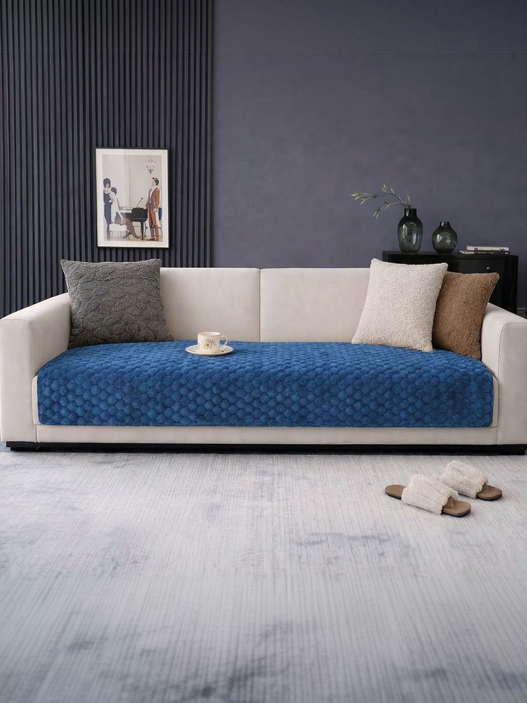 Cortina Blue & Blue Printed 1 Piece Sofa Cover Without Arms-image-49