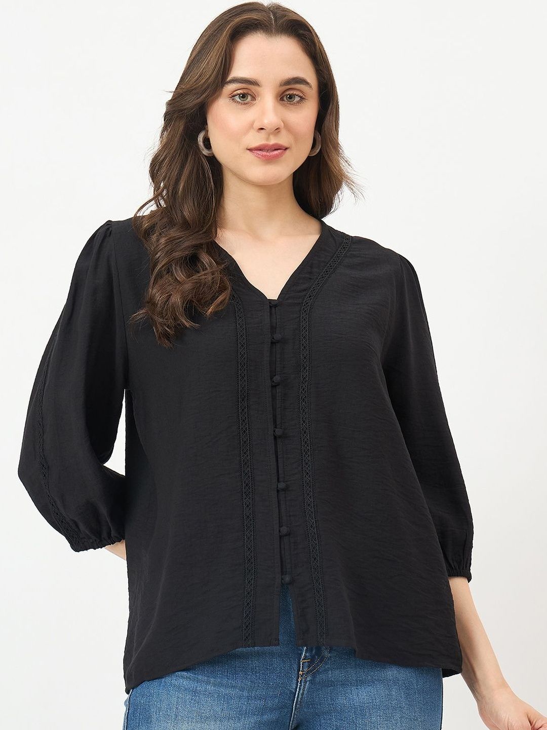 Madame Black Solid V-Neck Three-Quarter Sleeves Top-picture-11