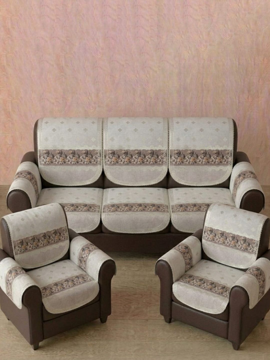 RAINBOW FURNISHINGS Peach-Coloured & Brown Printed Viscose Rayon Blend Sofa Cover With Arms-image-19