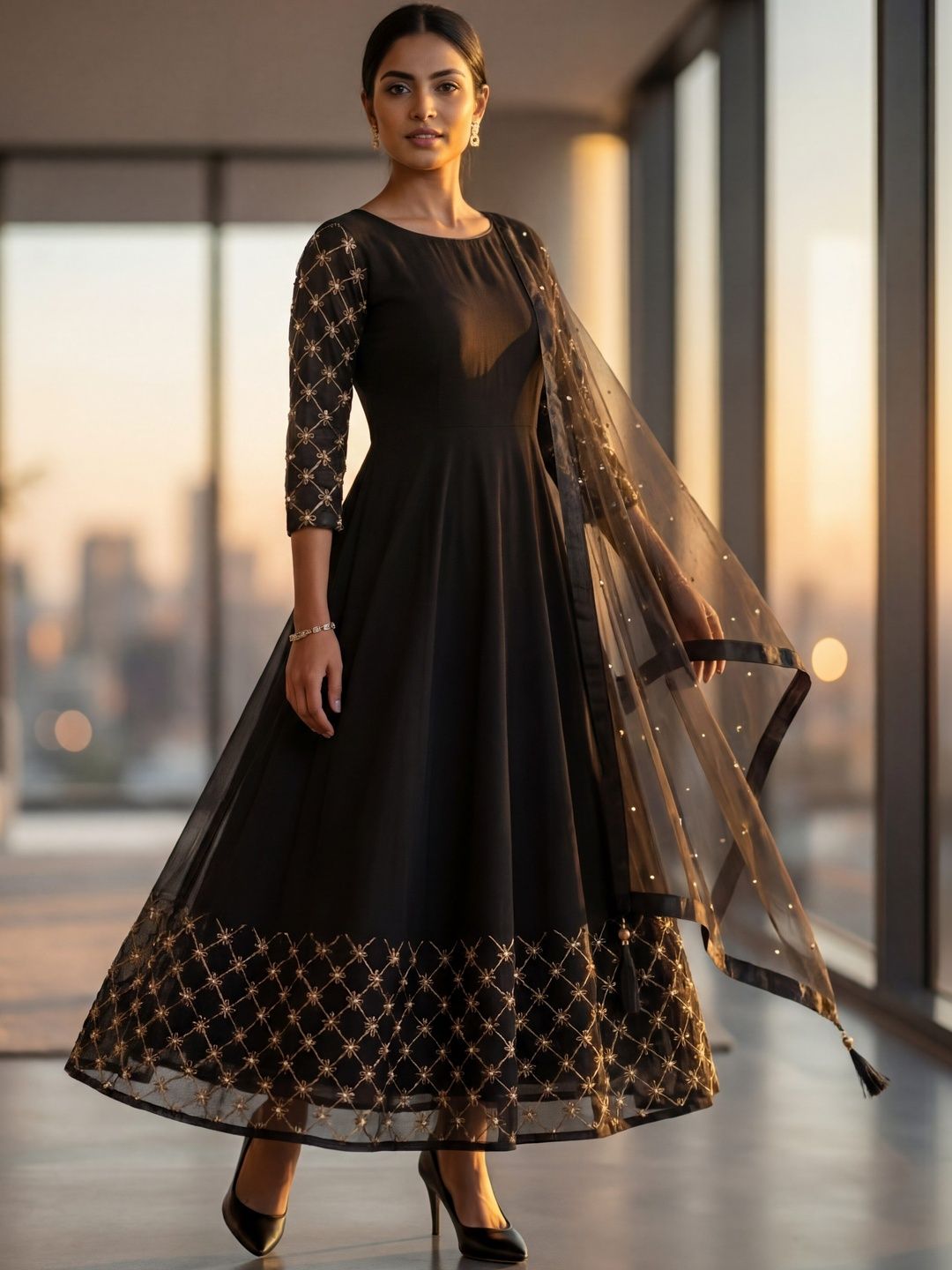 BAMSOM WEAR Embroidered Round Neck Fit & Flare Ethnic Dresses