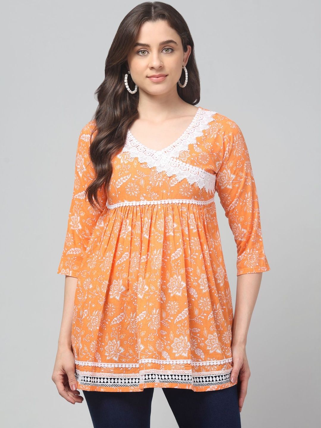 CROWN KING Floral Printed V-Neck Empire Kurti-picture-36
