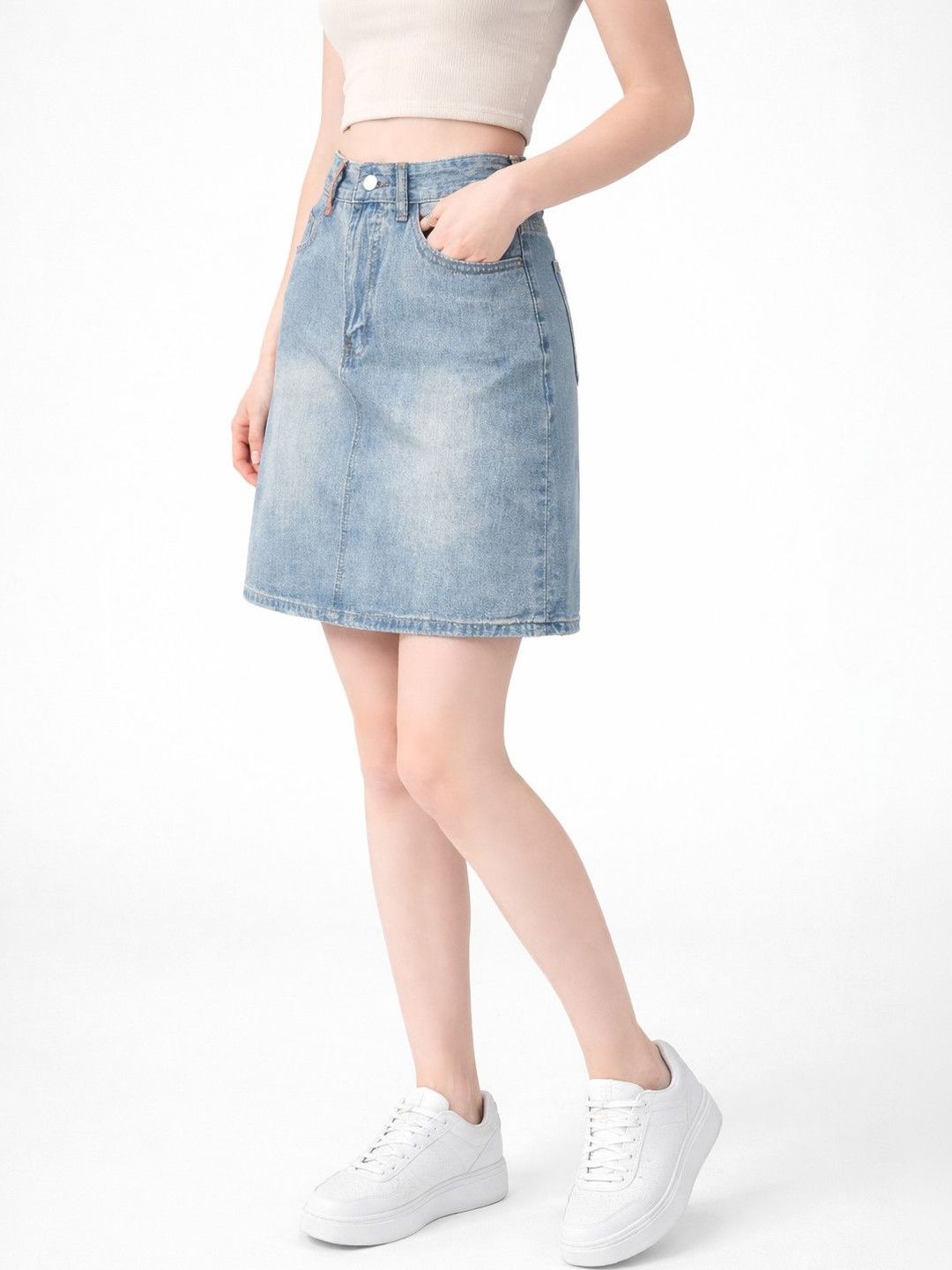 Suo Women Washed Above Knee A-Line Skirt-picture-56