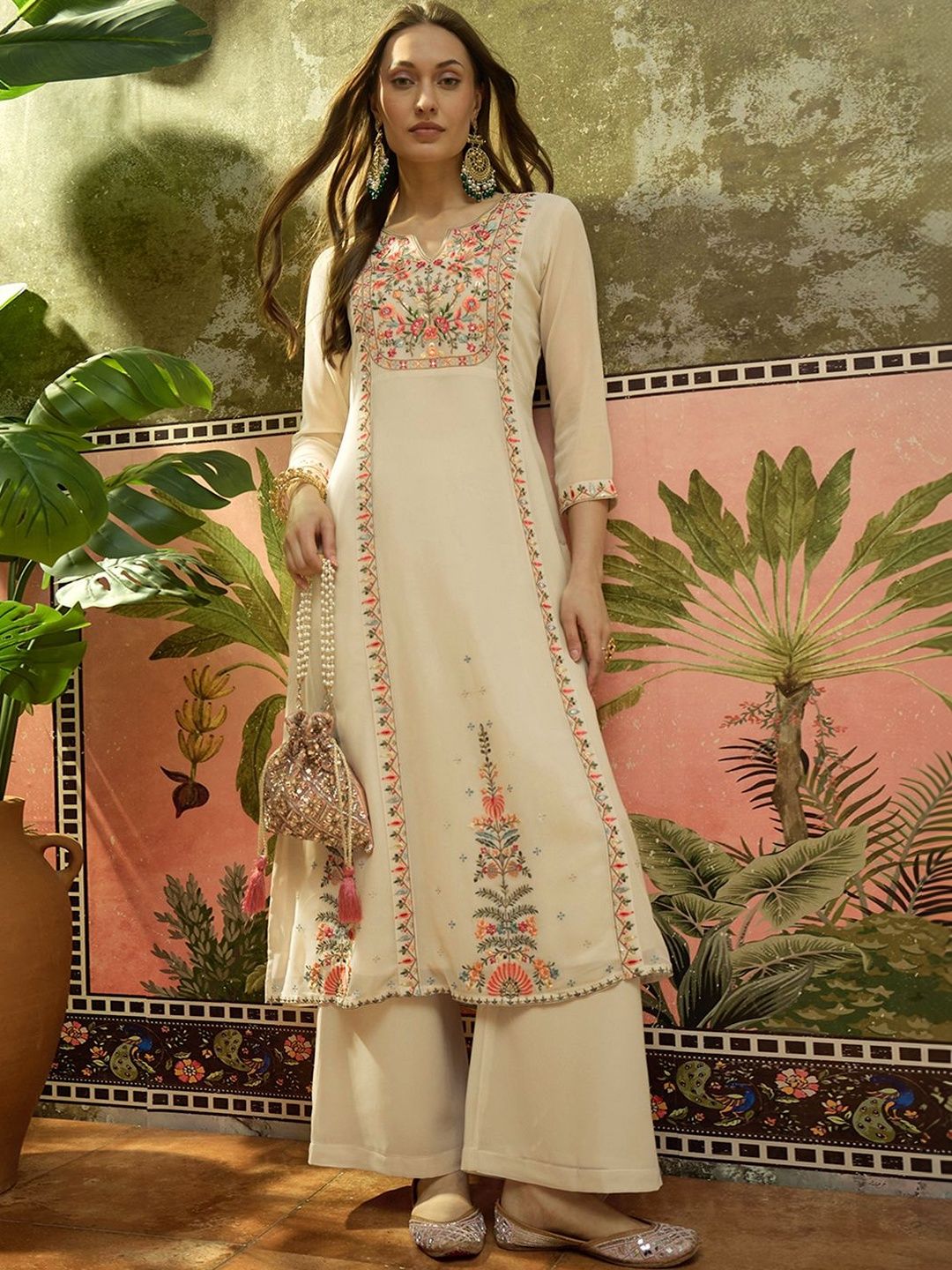 Sangria Embroidered Georgette Round Neck Kurta & Palazzos Kurta Set-picture-48